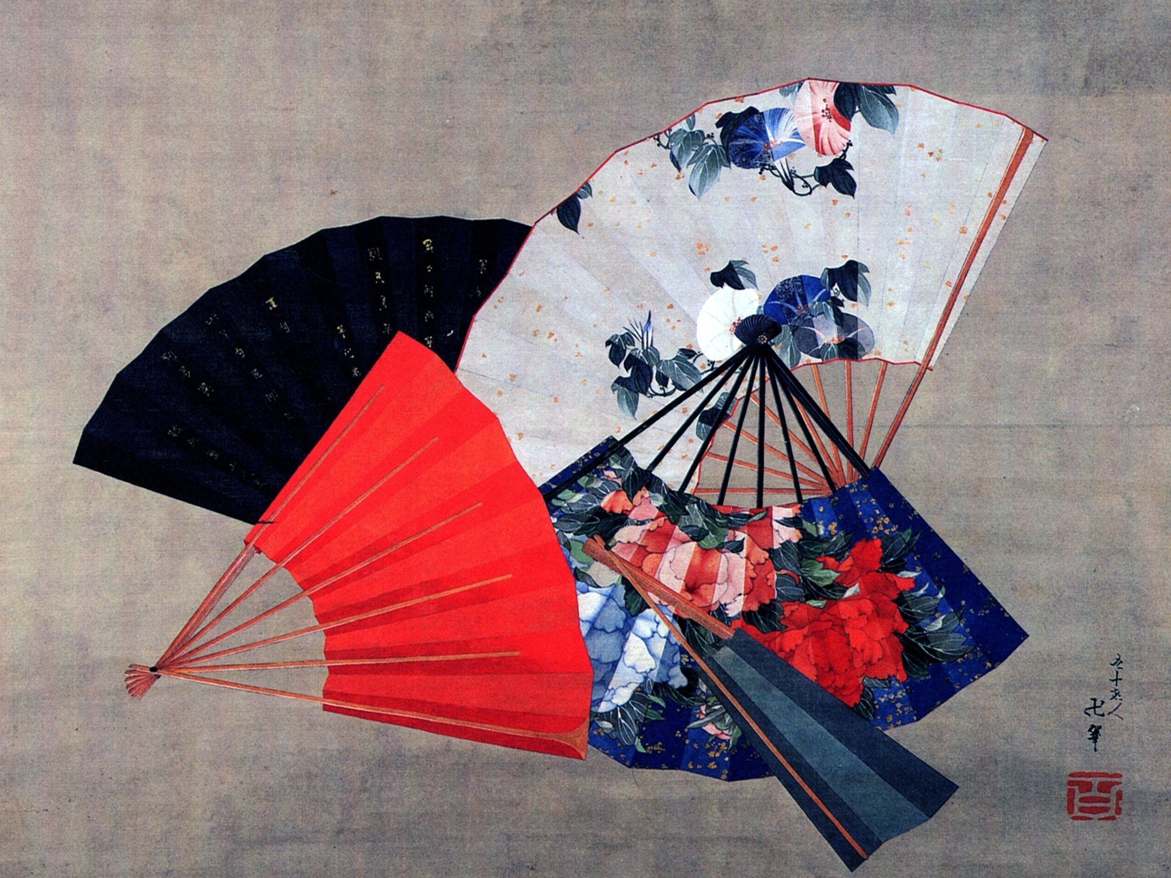 Japan. Colorful Five Fans by Hokusai Accent Tile Mural Kitchen