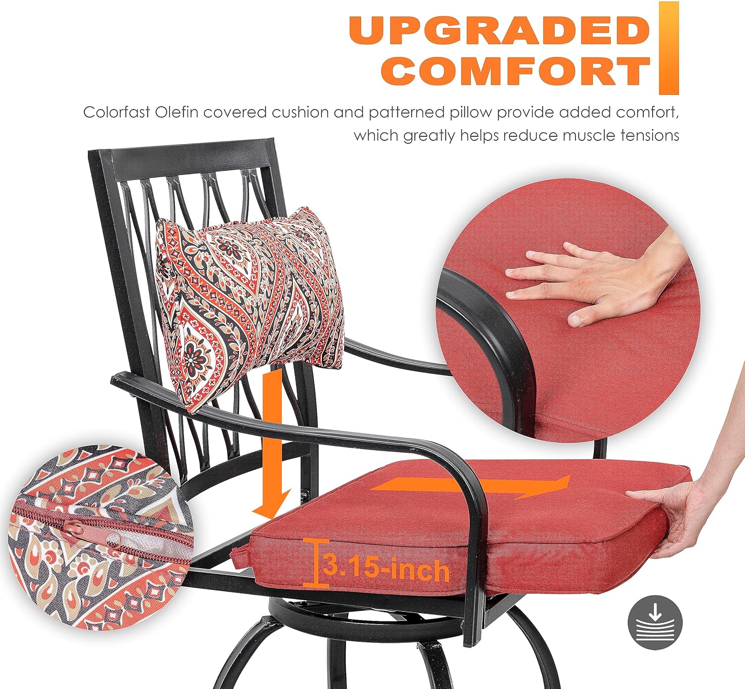 NUU GARDEN Patio Swivel Stools Set of 2, Outdoor Height Patio Stools & Chairs with Padded Cushions and Extra Pillows, Iron Bar Height Bistro Chairs for Deck Lawn Garden, Black&Red