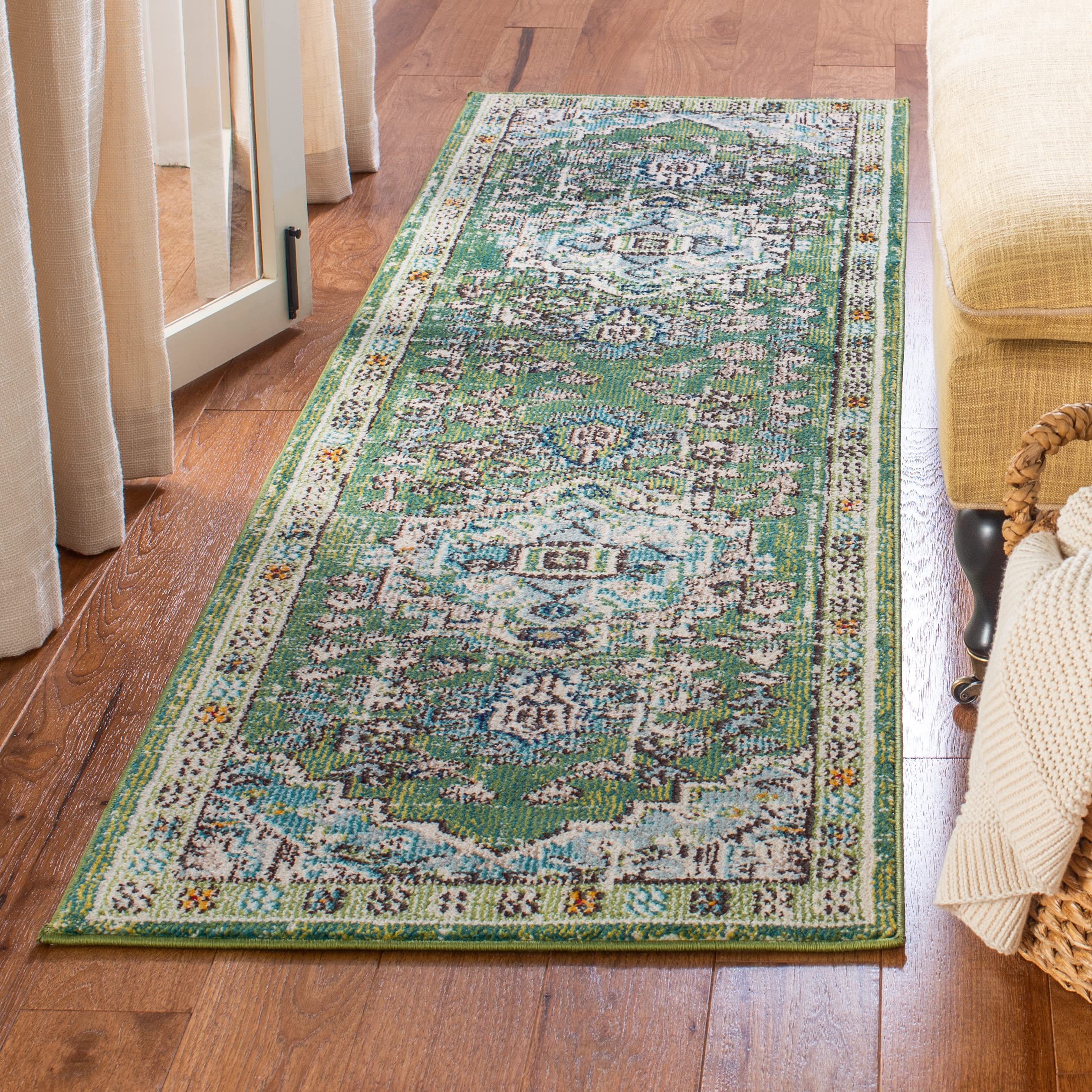 SAFAVIEH Monaco Collection Runner Rug - 2'2" x 8', Green & Turquoise, Boho Oriental Medallion Design, Non-Shedding & Easy Care, Ideal for High Traffic