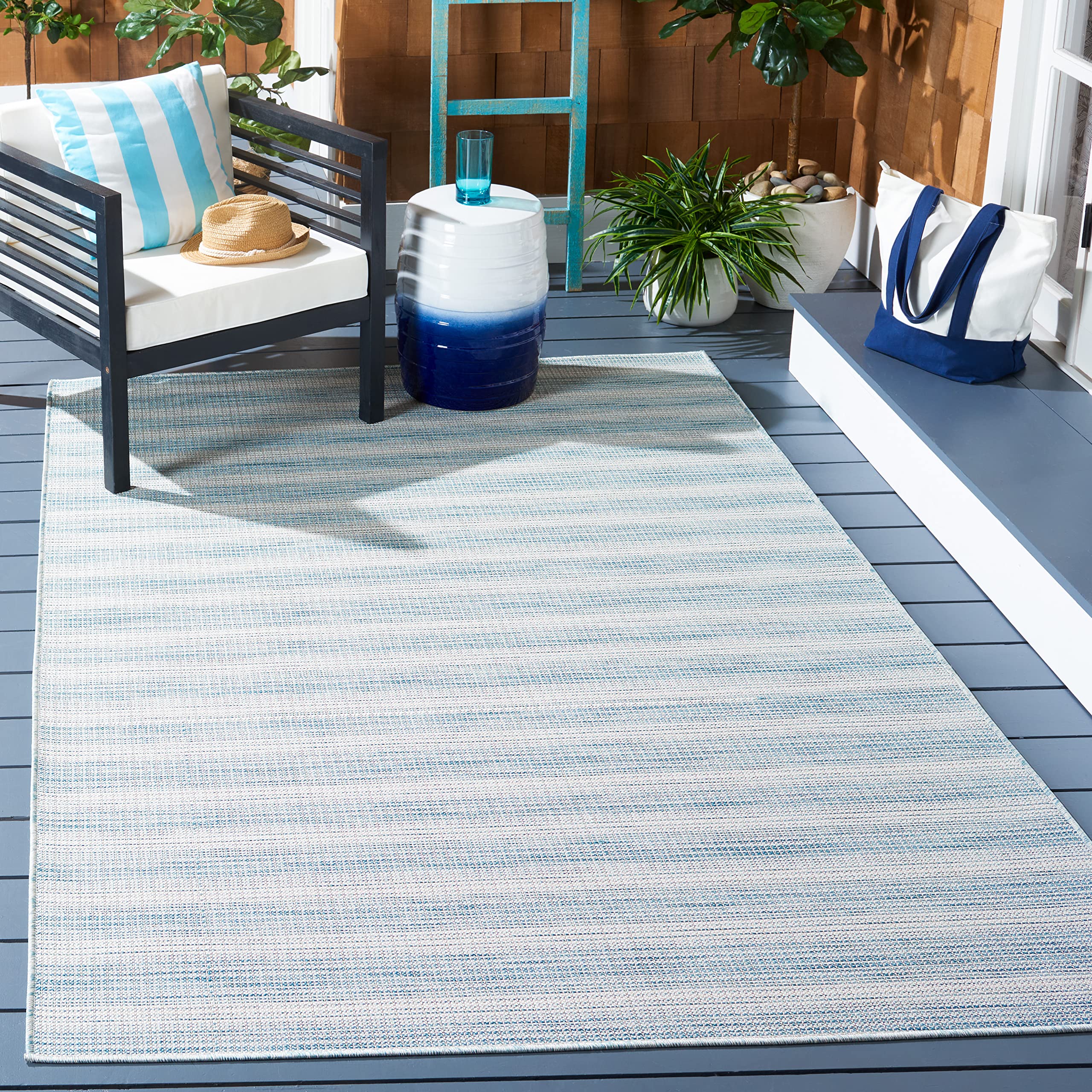 SAFAVIEH Hampton Collection Area Rug - 6'5" x 9'6", Aqua Ivory & Multi, Non-Shedding & Easy Care, Indoor/Outdoor & Washable-Ideal for Patio, Backyard, Mudroom (HTN231J)
