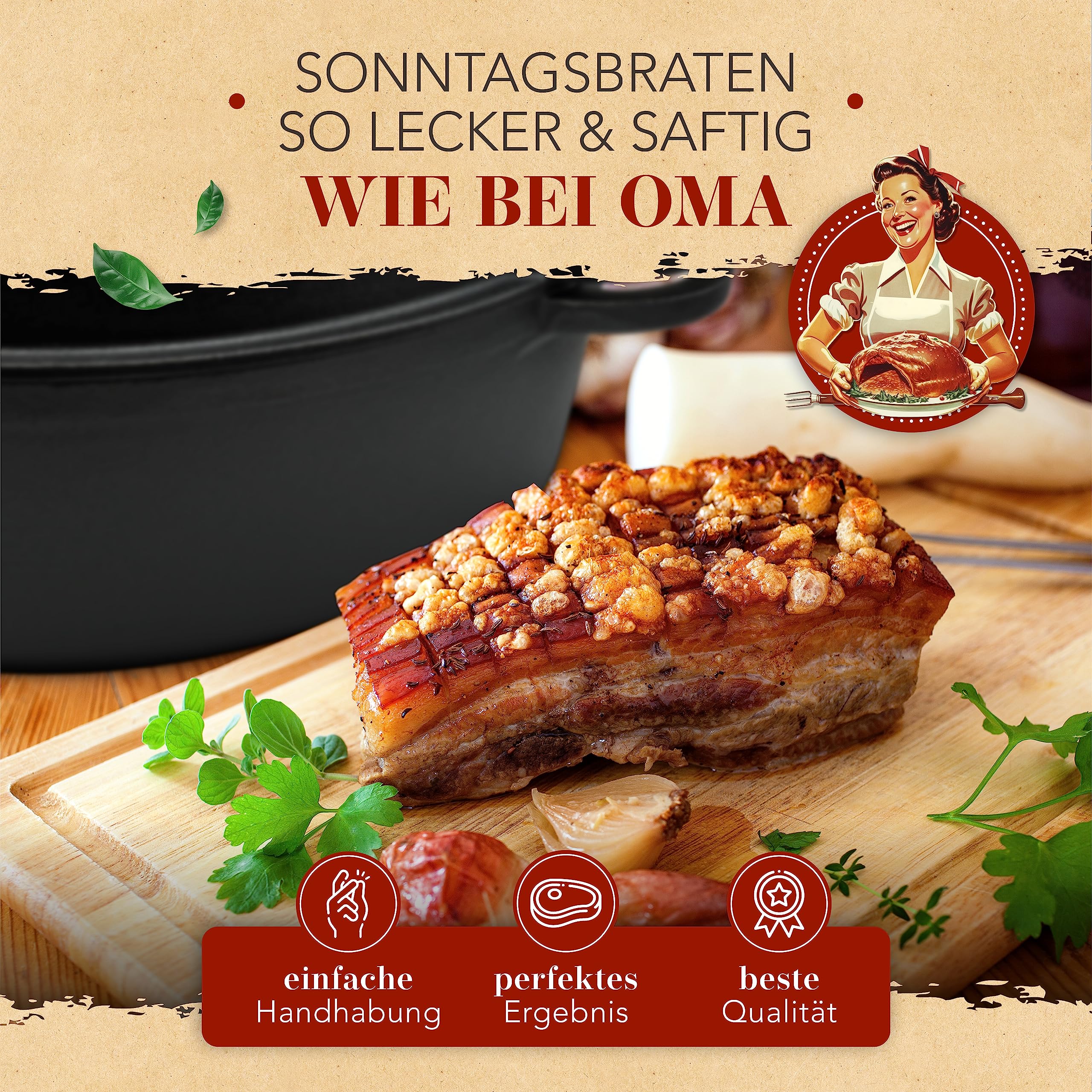KRUSTENZAUBER Casseruola in ghisa da 35 cm con coperchio, adatta al forno [forchetta per carne] XXL adatta al forno