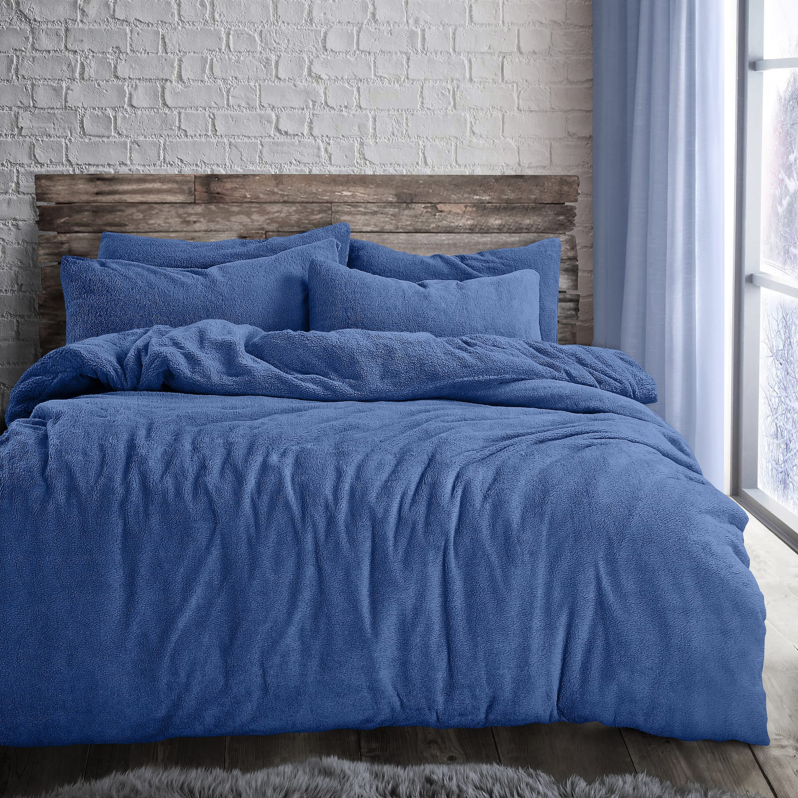 Velosso Teddy Cosy Fleece Duvet Cover Quilt Bedding Set with Pillow Case Thermal Warm Fluffy Super Soft (French Blue, King) โ image 1