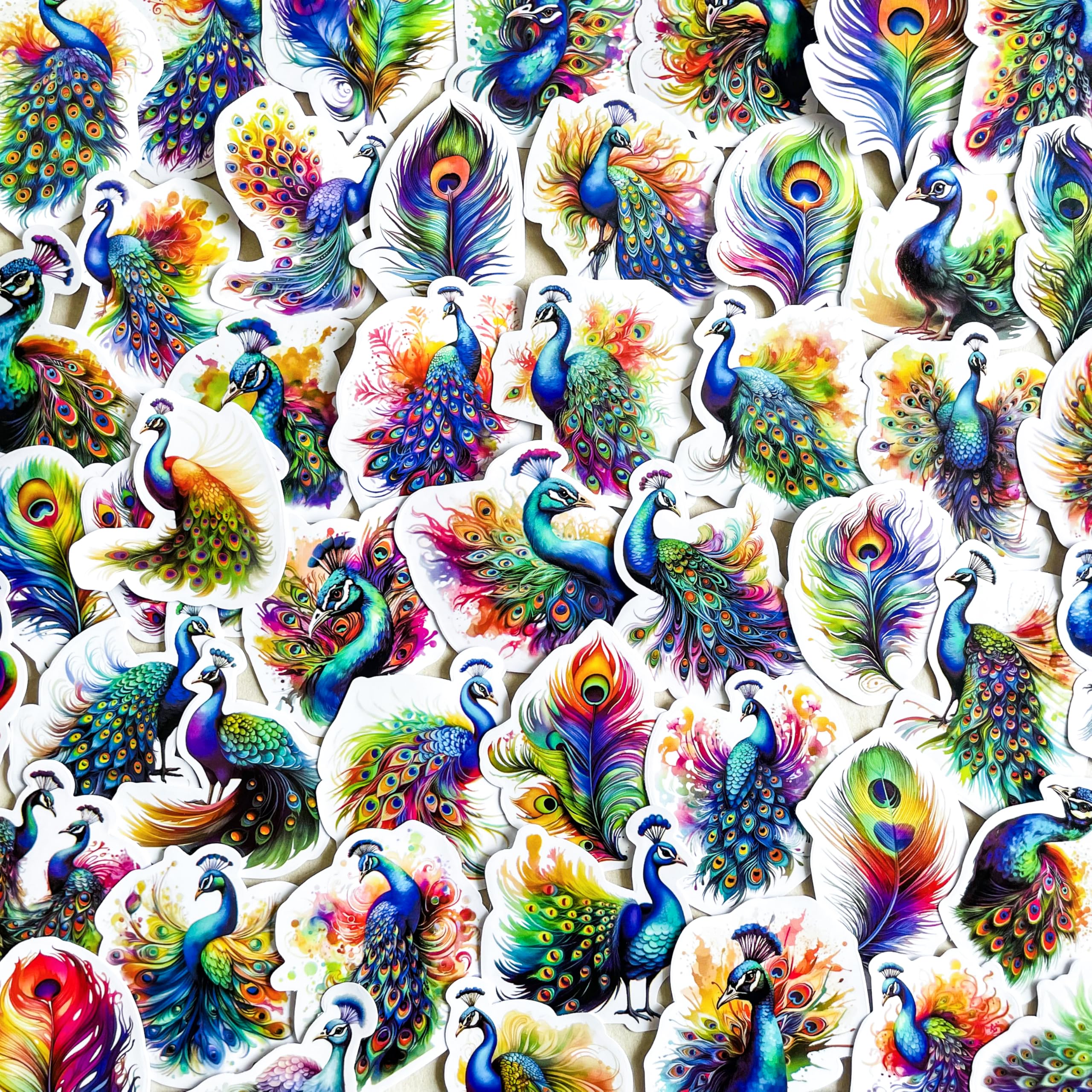 Pigbit 50Pcs Colorful Peacock Stickers - Waterproof Vinyl Pretty Birds Peacock Stickers for Laptops,Water Bottles,Scrapbooking,journals
