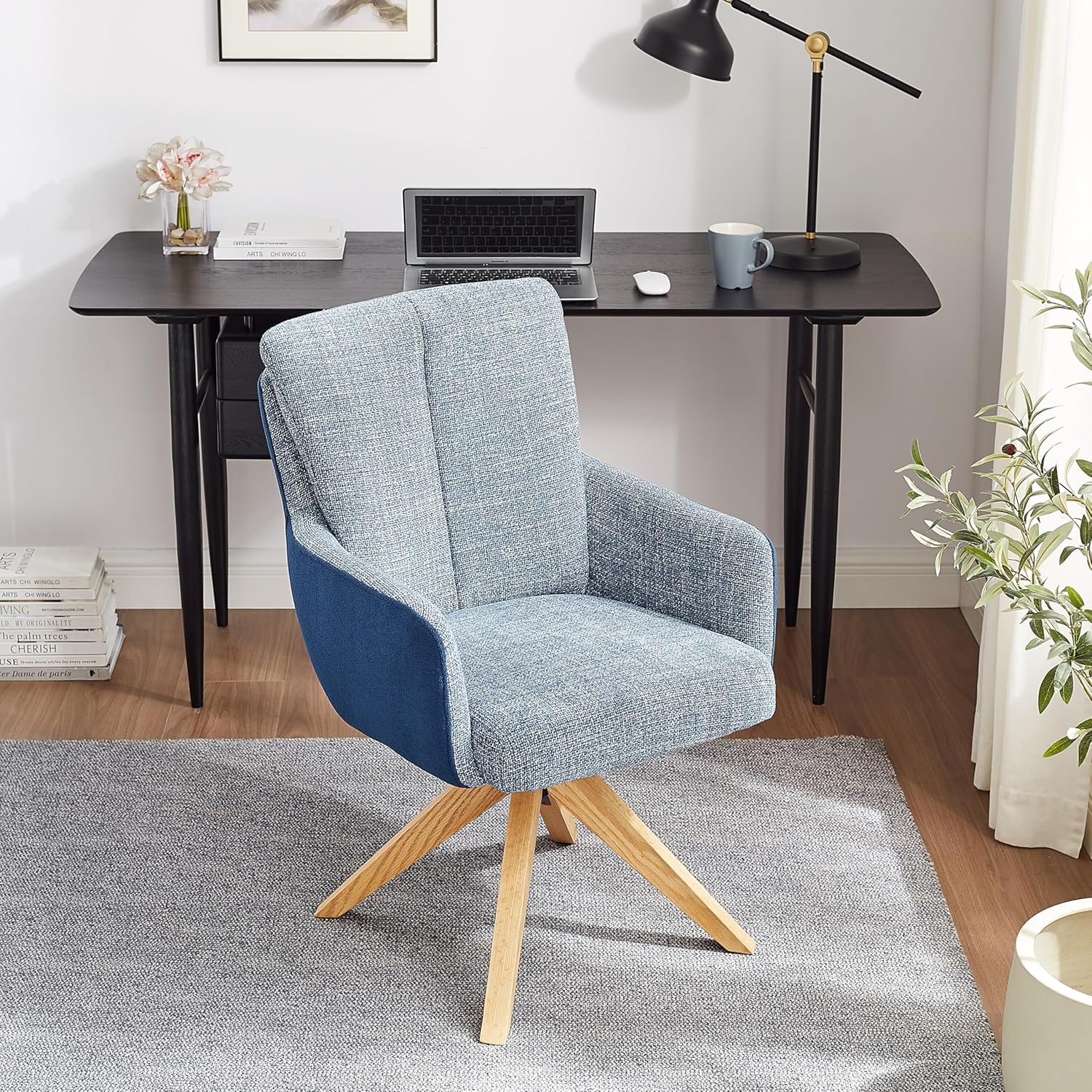 Zouron Swivel Desk Chair No Wheels, Cotton Linen Office Chair with Wooden Legs, Modern Upholstered Accent Side Chair for Home Office Study Living Room Dining Room, 1 Pcs, Blue