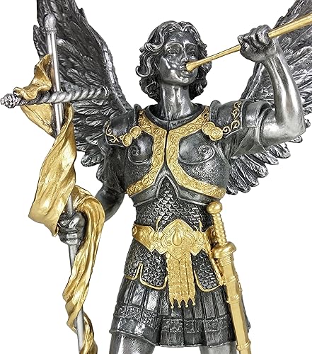 Veronese Design Estatua de arcángel de San Gabriel de 13 pulgadas, con trompeta y cruz de resina fundida en frío, peltre antiguo, acabado dorado,