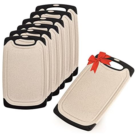 KPYTO Frühstücksbrettchen 6er Set + 1 Brettchen gratis, 25 x 15 cm, Schneidebrett Set, rutschfest mit Saftrille, Creme Brettchen, Brotzeitbrett (creme-schwarz) Cover