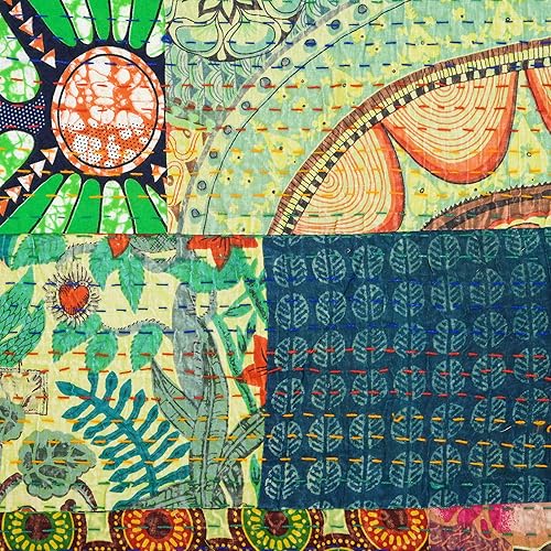 Miniatura 10 de Marubhumi Edredón tradicional indio de algodón puro, estampado de cachemira, colcha Kantha multicolor (multicolor-22, Queen (90 x 108 pulgadas)