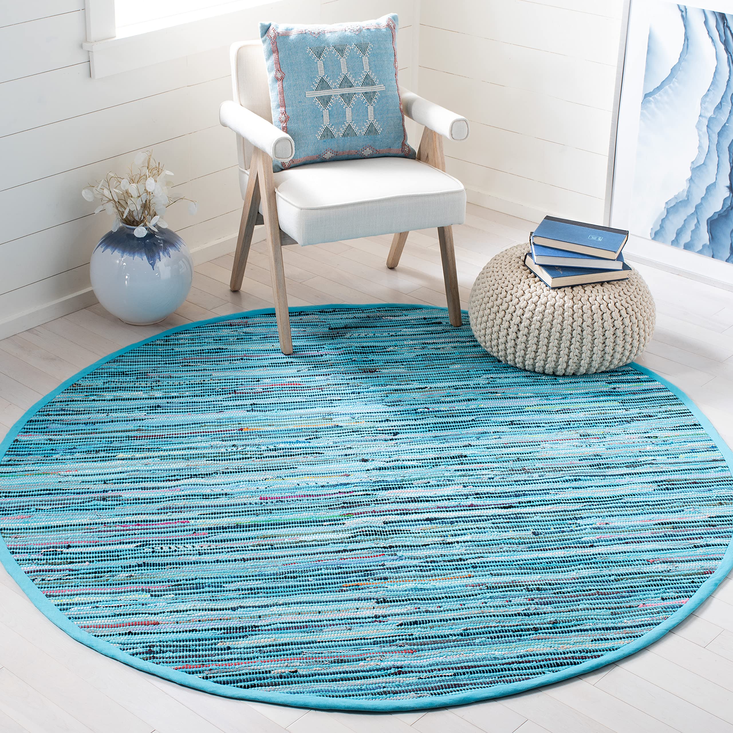 SAFAVIEH Rag Rug Collection Area Rug - 6' Round, Turquoise & Multi, Handmade Boho Stripe Cotton, Ideal for High Traffic Areas in Living Room, Bedroom (RAR125C)