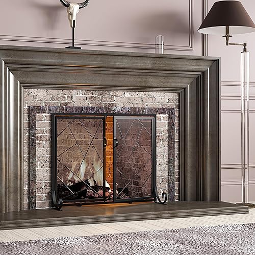 Miniatura 7 de Fire Beauty Pantalla de chimenea con puertas con bisagras Borde de hierro fundido, marco de acero resistente, malla metálica duradera, protector de