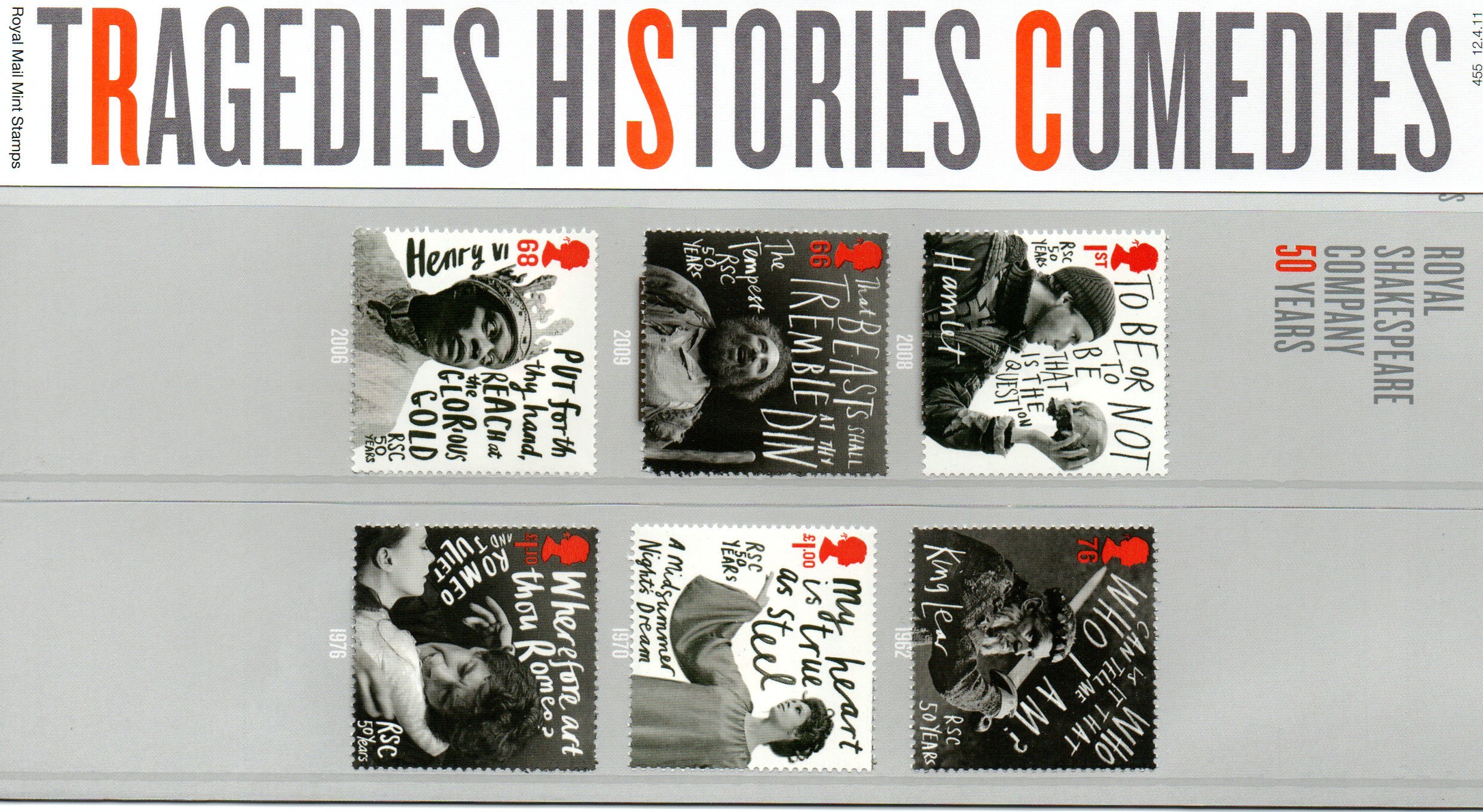 Royal Mail Tragedies Histories Comedies Stamps In Presentation Pack