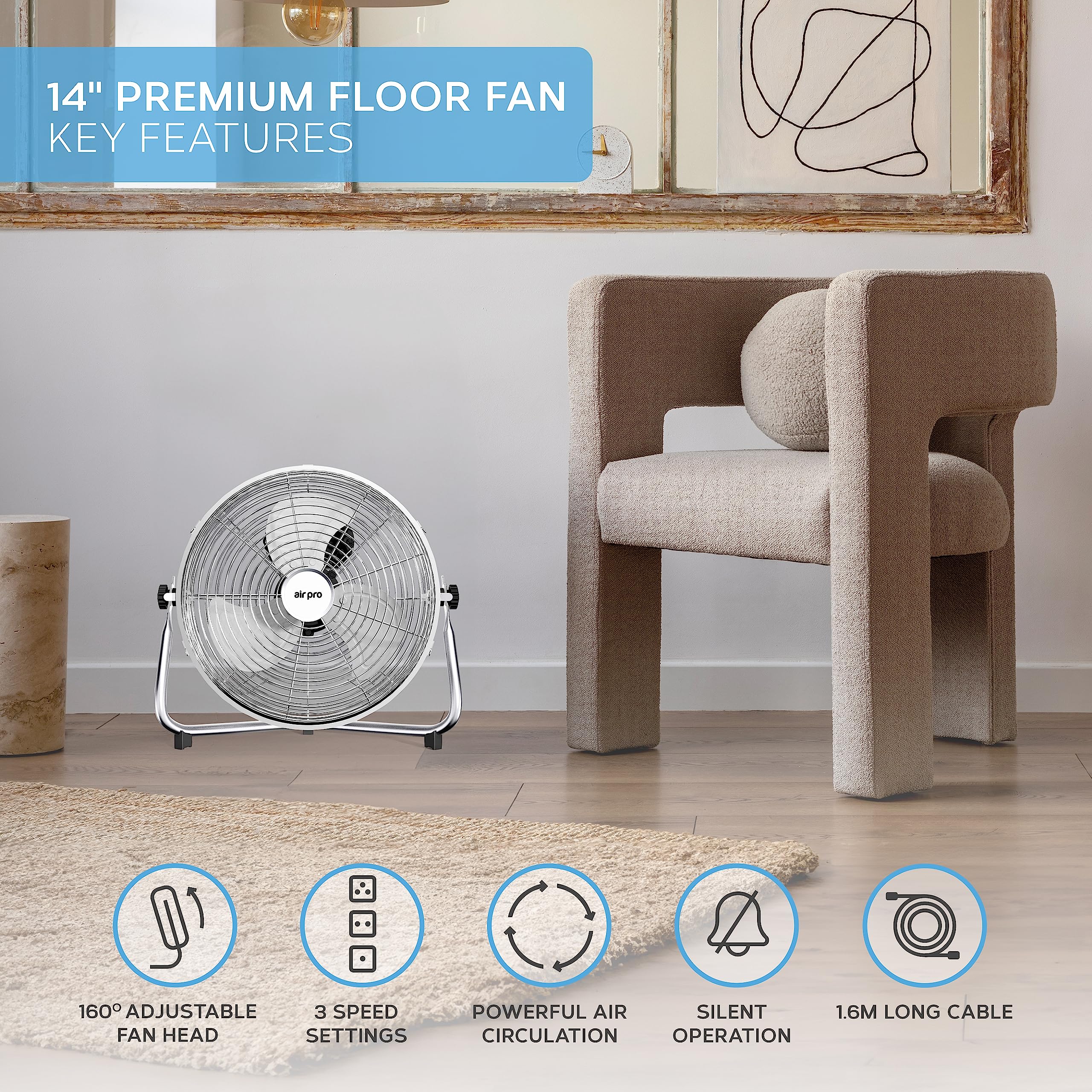 Air Pro 14" Floor Fan - Powerful Air Cooling & Circulating Fan with 3 Speed Setting & Adjustable Tilt - Indoor Home, Office, Gym Fan Quiet Portable Electric Fan with Metal Blade & Body 1.6m Long Cable