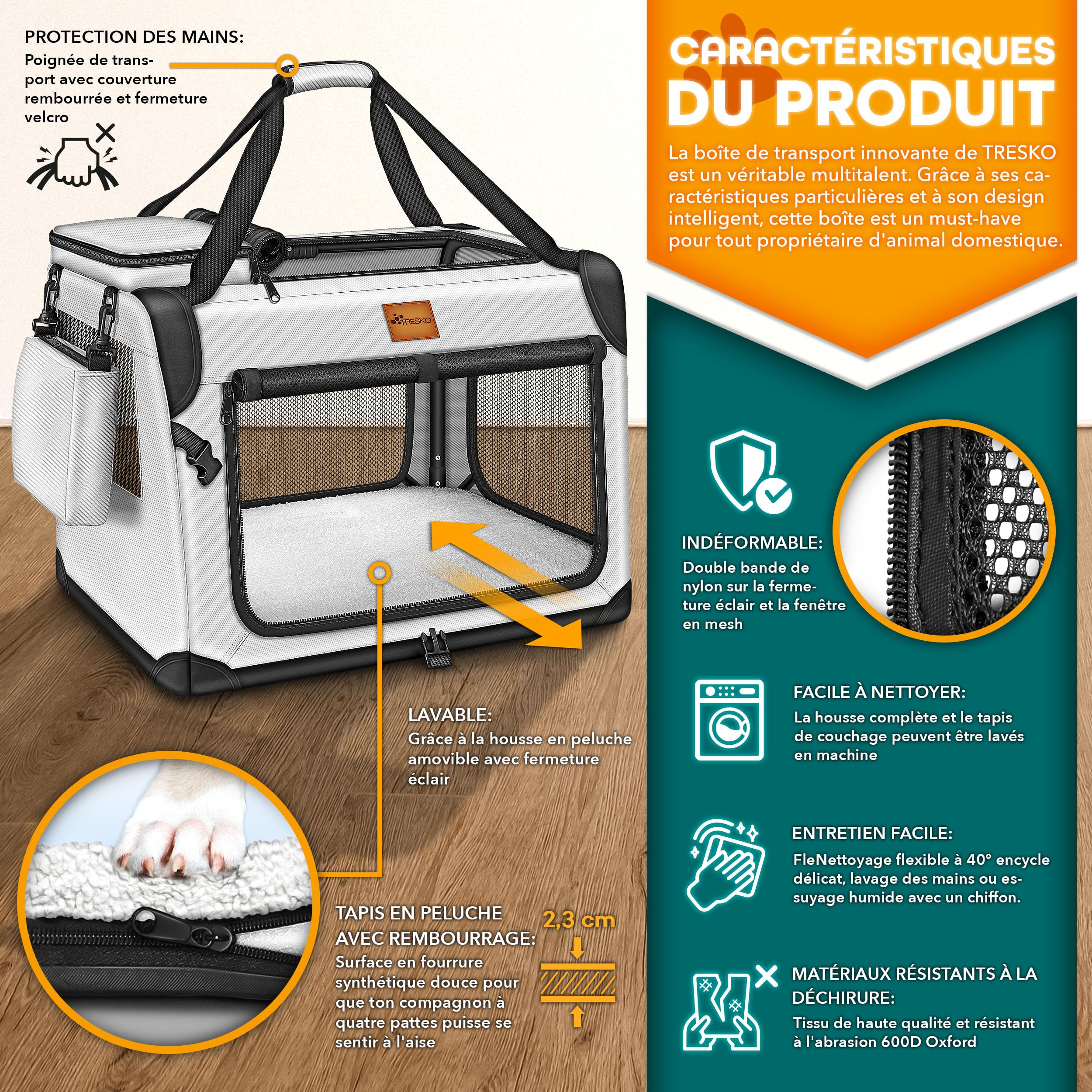 TRESKO® Caisse de transport pliable, avec tapis de fuite, spatule et réflecteurs, pour chiens et chats de petite et grande taille, sac robuste, taille M, 61 x 42 x 42 cm (gris)