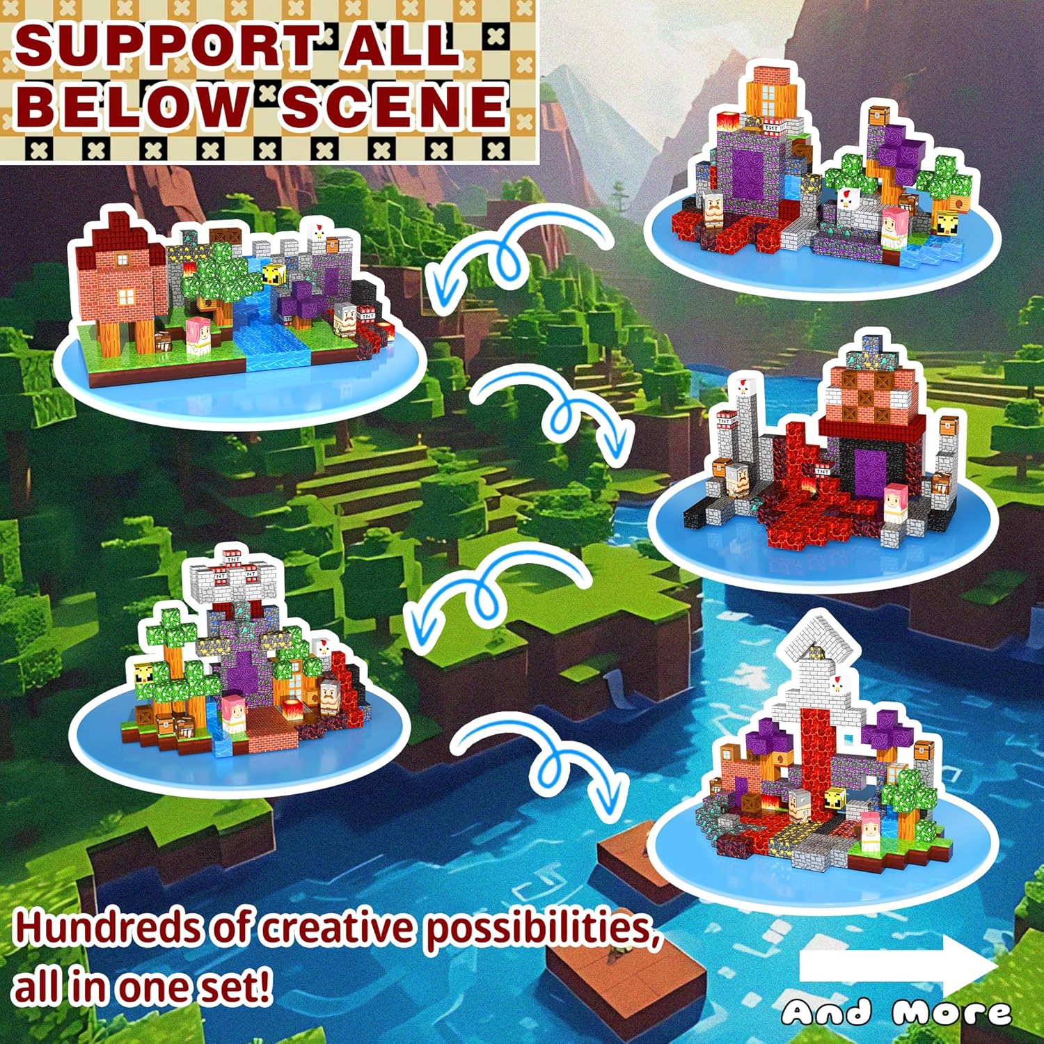 200PCS Magnetic Building Blocks Set – 0.8in Pixel World Construction Toys, Strong Magnets, STEM Creative Play Set for Kids Ages 3+, Village, Lava & Portal Scenes