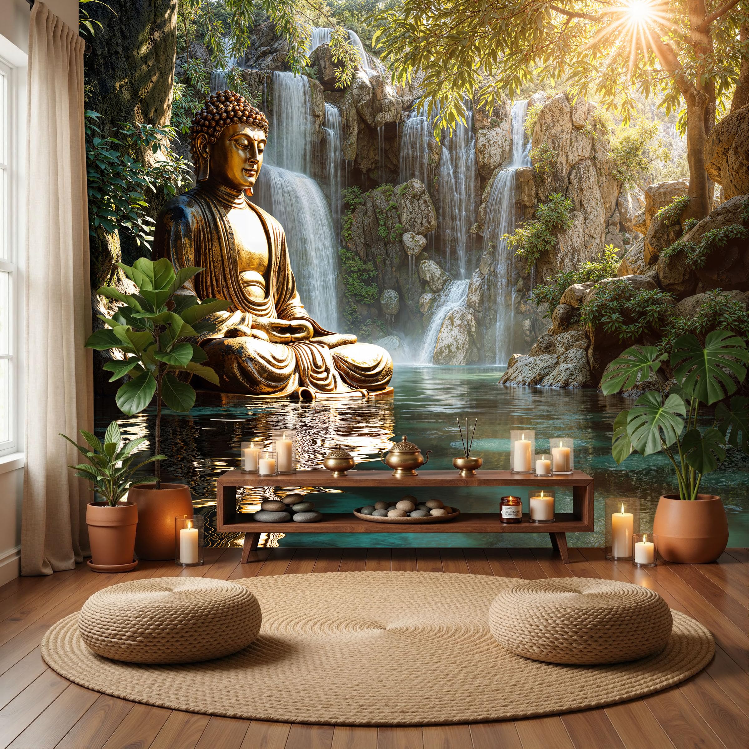 DLERFLOVR 3D Effect Mysterious Buddha Statue Wallpaper 250x175cm Photo Wallpaper Forest Waterfall Wall Art Print for Bedroom, Living Room, Corridor, Lounge Background Decoration, Yellow-Green