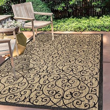 Filigree Textured Weave Area Rug 5X8 Black/Khaki, Indoor Outdoor Rug | Ships Rolled, Durable Flat Weave, Lays Flat for Backyard, Patio, Porch, Easy-Cleaning, High Traffic,Pet-Friendly,Non-Shedding
