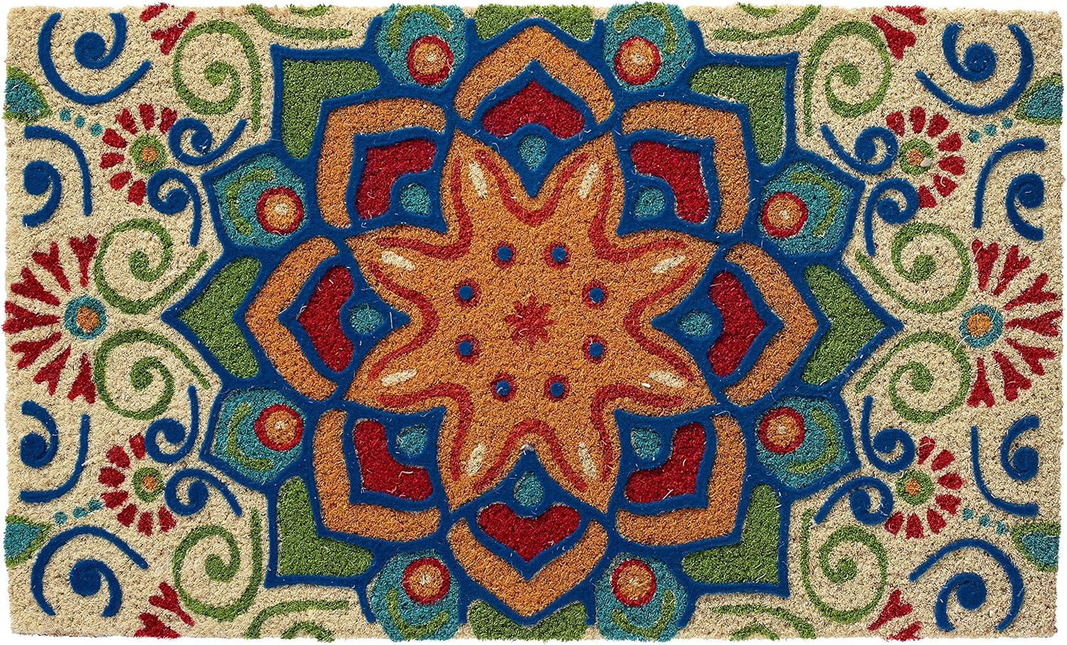 HF by LT Boho Market Printed and Flocked 100% Coir Doormat, 18 x 30 inches, Slip-Resistant PVC Backing, Durable, Sustainable, Multi-Colored, Star of India Design, 5 Styles Available