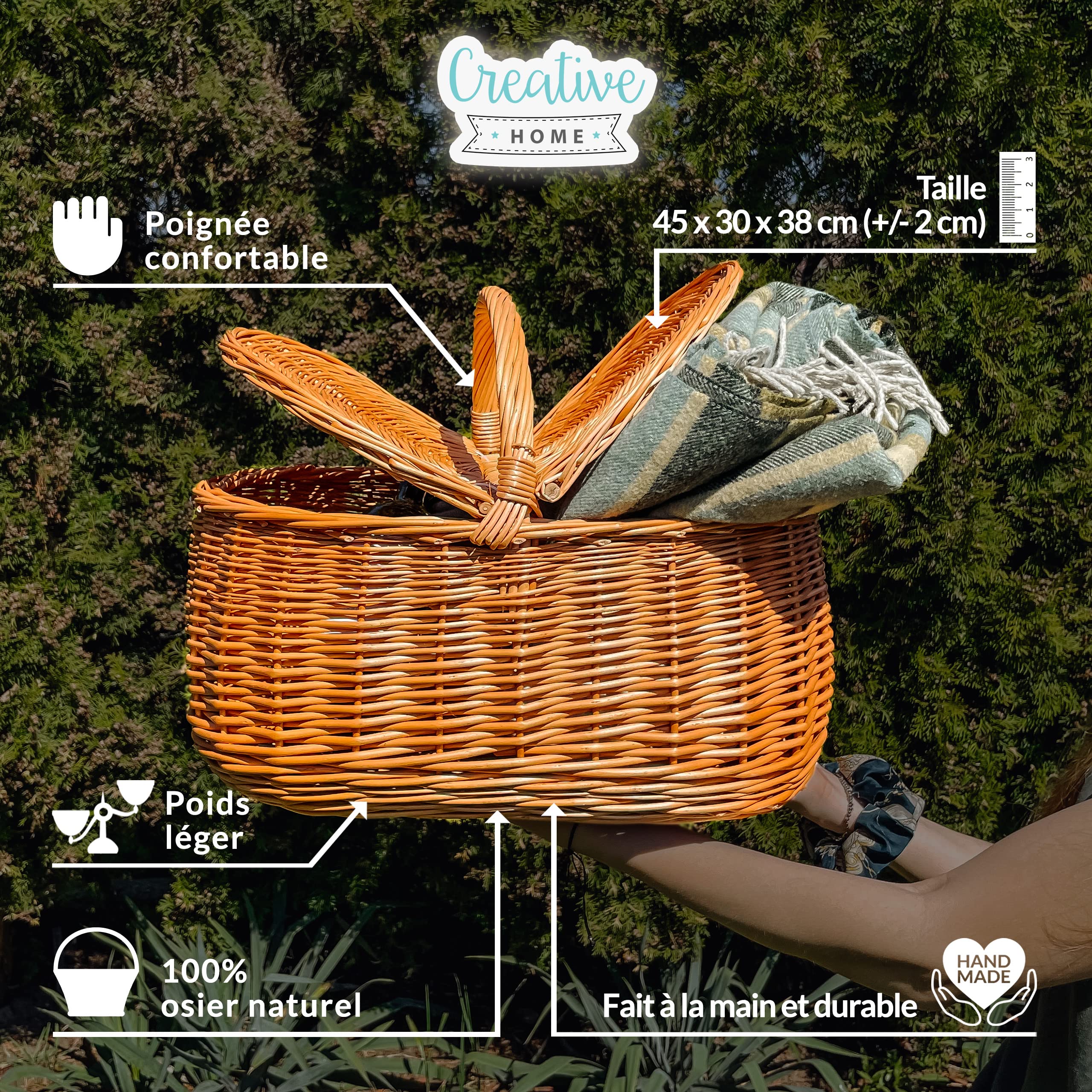 Creative Home Panier de Rangement Panier en Osier Pique-Nique | avec Poignée et Couvercle | 45 x 30 x 38 cm (+/- 2 cm) | Brun Naturel | Tissé à la Main | Polyvalent et Durable