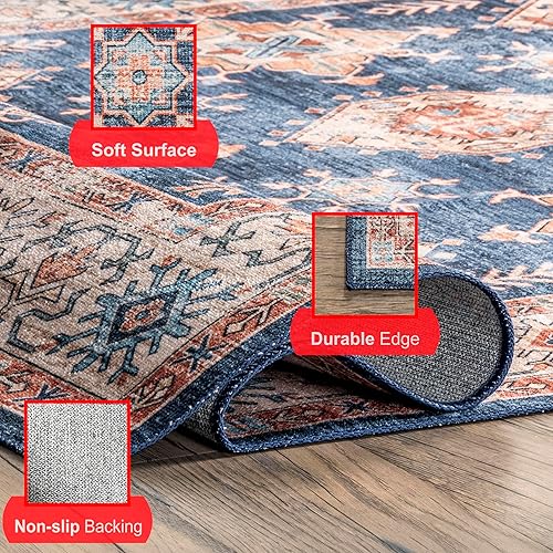 Miniatura 5 de nuLOOM Finley - Alfombra de área ultra fina, lavable a máquina, estilo vintage, envejecida, 8 x 10 pies, azul marino