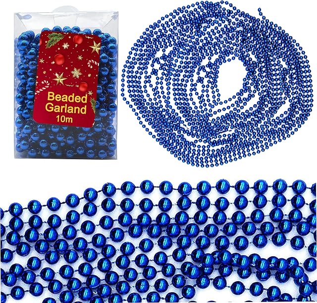 HOVUK® 10M Shiny Bead Garland, Shatterproof Blue Bead Chain, Plastic Pearl, Classic Traditional Luxury Christmas Tree Decoration