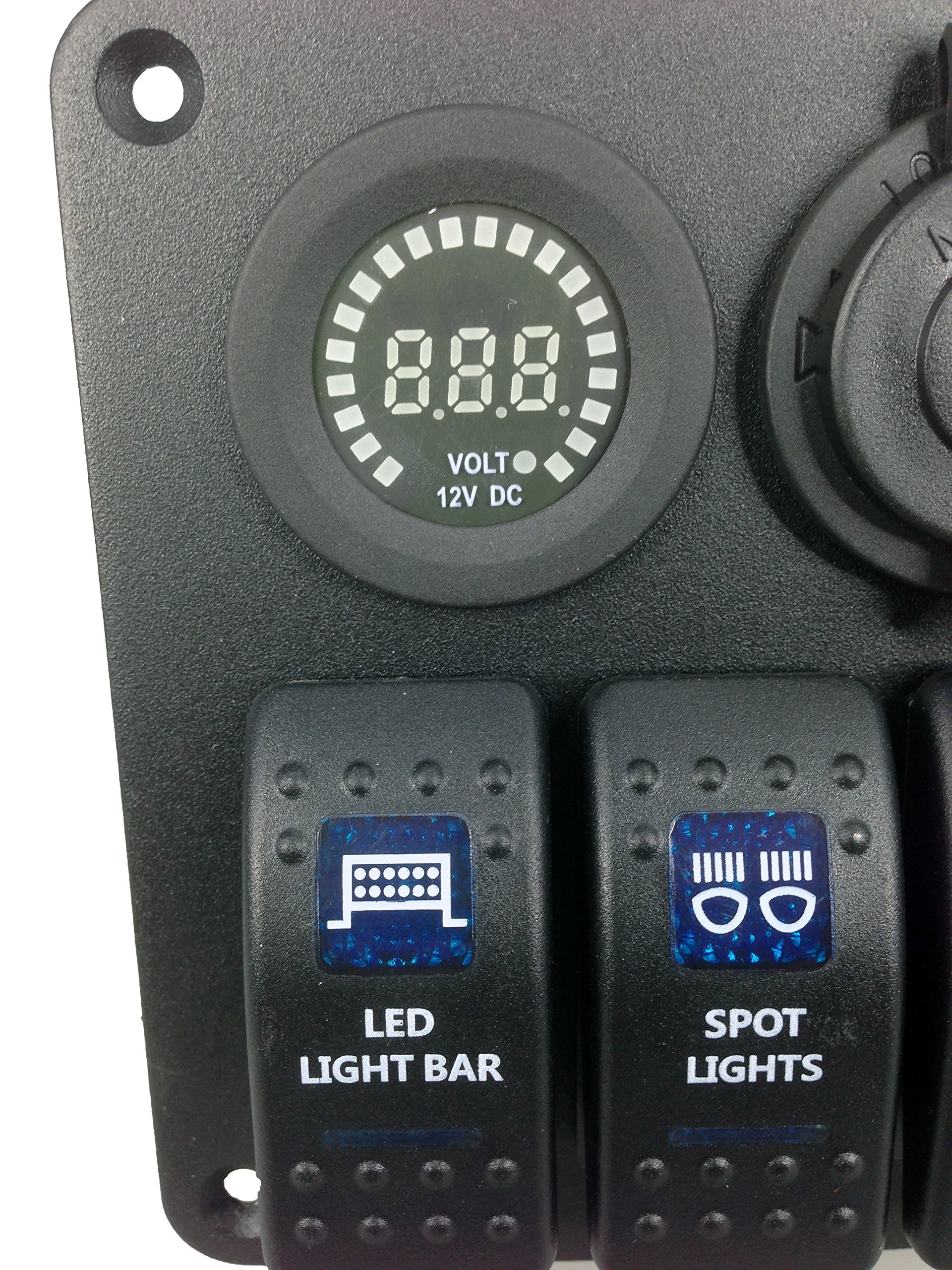 Pactrade Bus RV Car Blue LED 3 Gang Rocker Switch Aluminum Panel Voltmeter Power