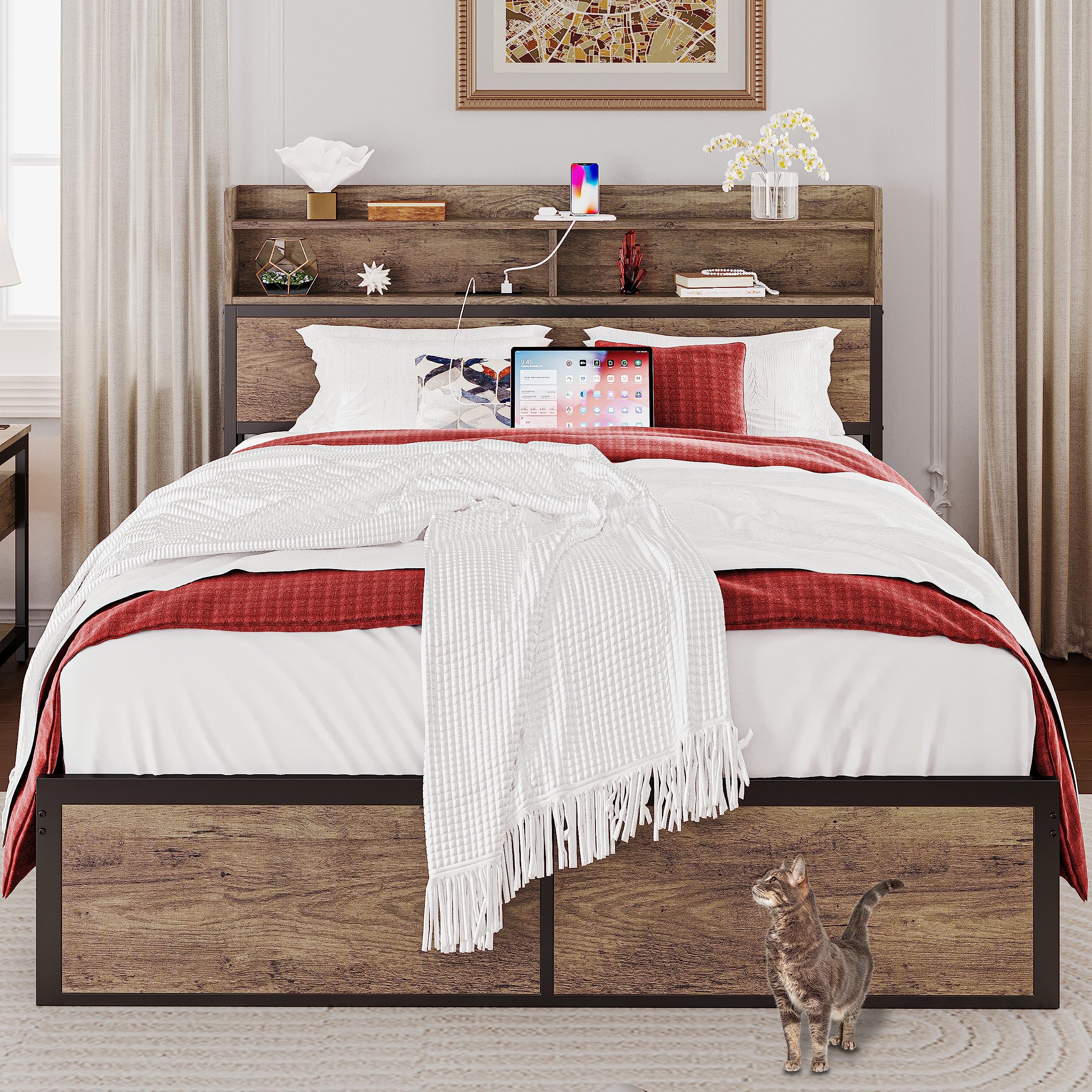 IRONCK Full Size Bed Frame with Bookcase Headboard with Charging Station, Mattress Foundation/No Box Spring Needed, Non-Slip Without Noise, Rustic Maple