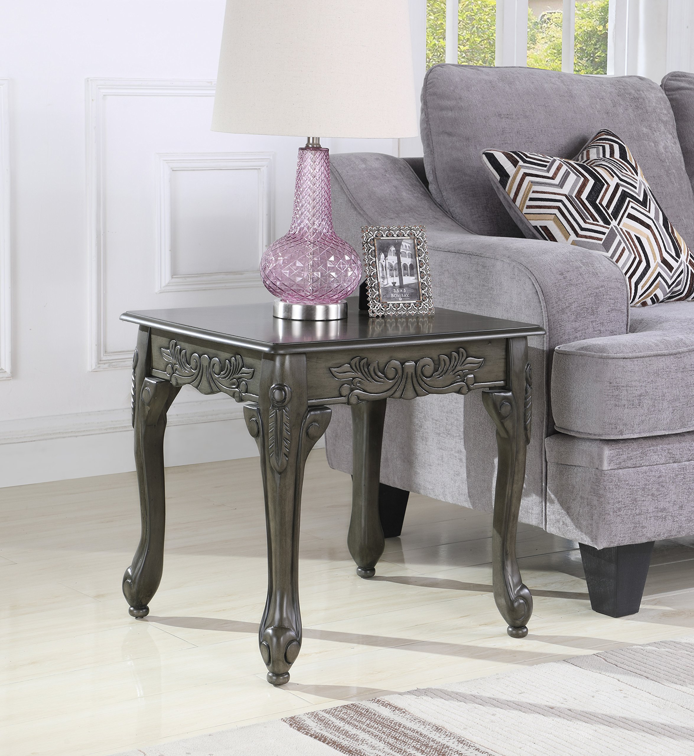 Roundhill Furniture Traditional Ornate Detailing Wood End Table, Grey