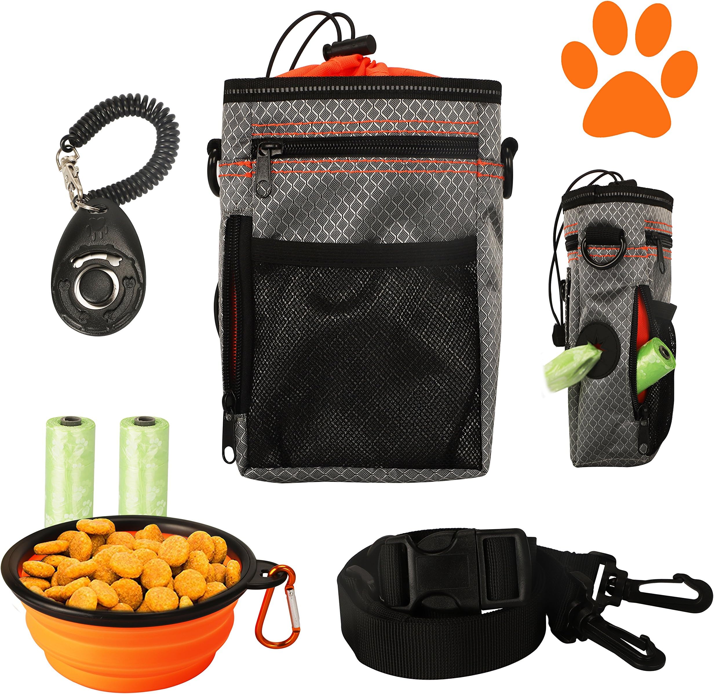 COM4SPORT Dog Treat Pouch with Built-in Waste Bag Dispenser, Adjustable Waist Belt and Over Shoulder Strap, Collapsible Drinking Bowl, Dog Training Clicker and Poop Bags