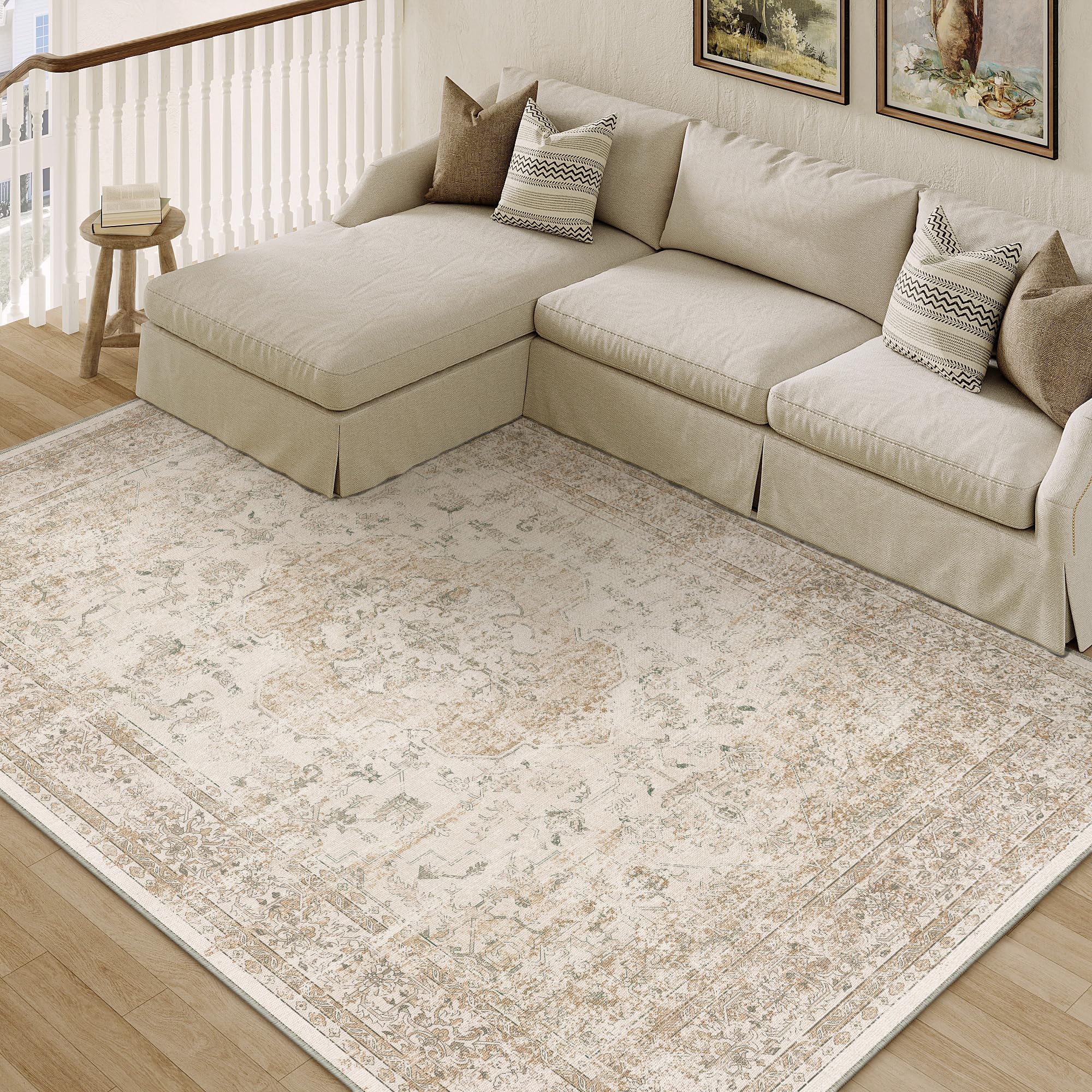 PureCozy 160x230cm Beige Vintage Washable Rugs for Bedroom Living Room, Distressed Soft Area Rugs with Non-Slip Backing, Lightweight Low Pile Traditional Carpet for Kitchen Office Dining Room Playroom — image 1