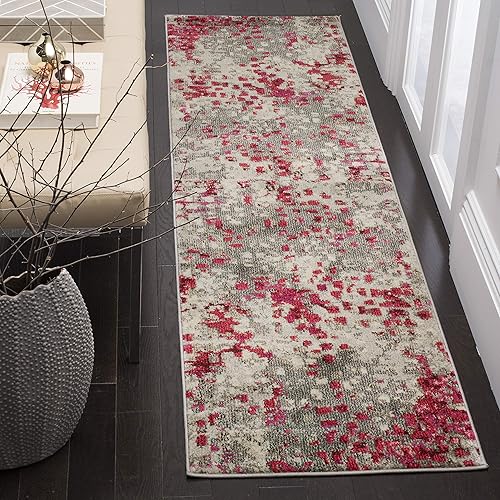 SAFAVIEH Monaco Collection MNC225R Boho Chic Abstract Watercolor Non-Shedding Living Room Entryway Foyer Hallway Bedroom Runner, 2'2" x 10' , Grey / Fuchsia
