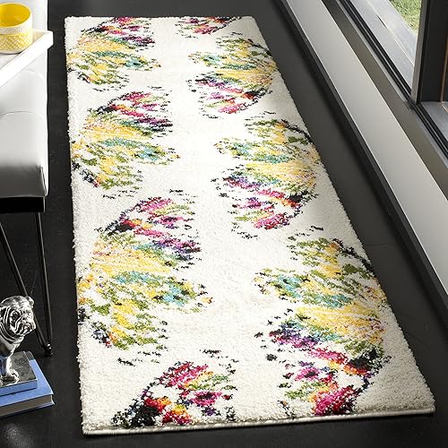 SAFAVIEH Fiesta Shag Collection - Alfombra para pasillo, 2 pies 3 pulgadas x 8 pies, color crema y multicolor, diseño moderno, no desprende pelusa y