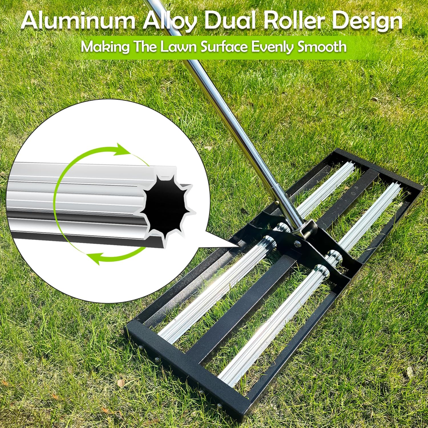 SporGain Lawn Leveling Rake 30"x10", Lawn Leveler with Aluminum Rollers, Yard Leveling Rake Stainless Steel with 27-80" Adjustable Handle, Heavy-Duty Ground Leveler Suit for Garden, Golf Lawn, Farm