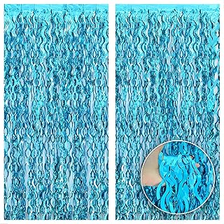 KatchOn, XtraLarge Wavy Blue Foil Fringe Curtain - 3.2x6.4 Feet, Pack of 2 | Water Streamer Backdrop for Beach Party Decorations | Last Splash Bachelorette Decorations, Hello Summer Party Decorations