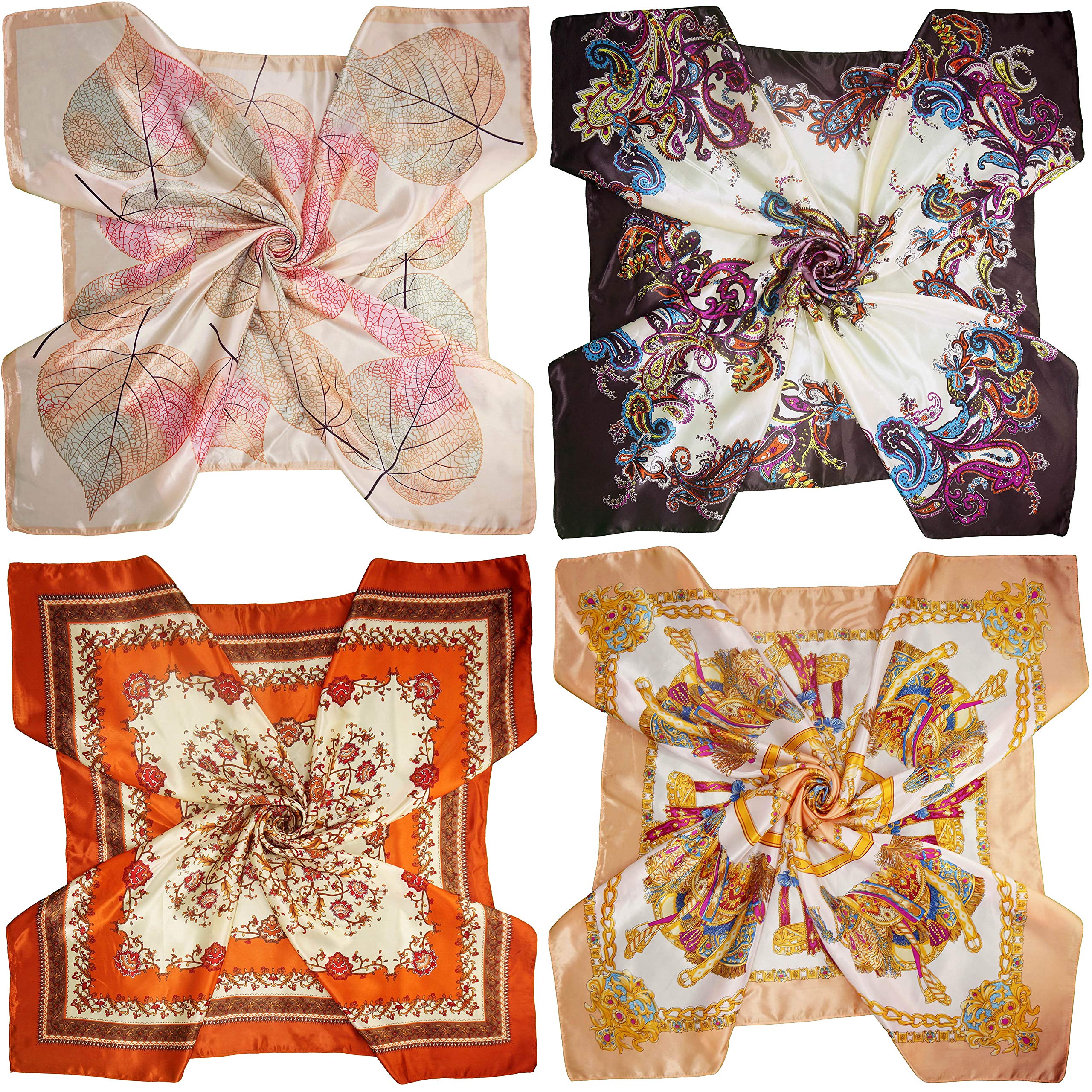 4 Mixed Designs Large 35" × 35" Square Polyester Satin Neck Head Scarf Scarves Set (Set Y20)