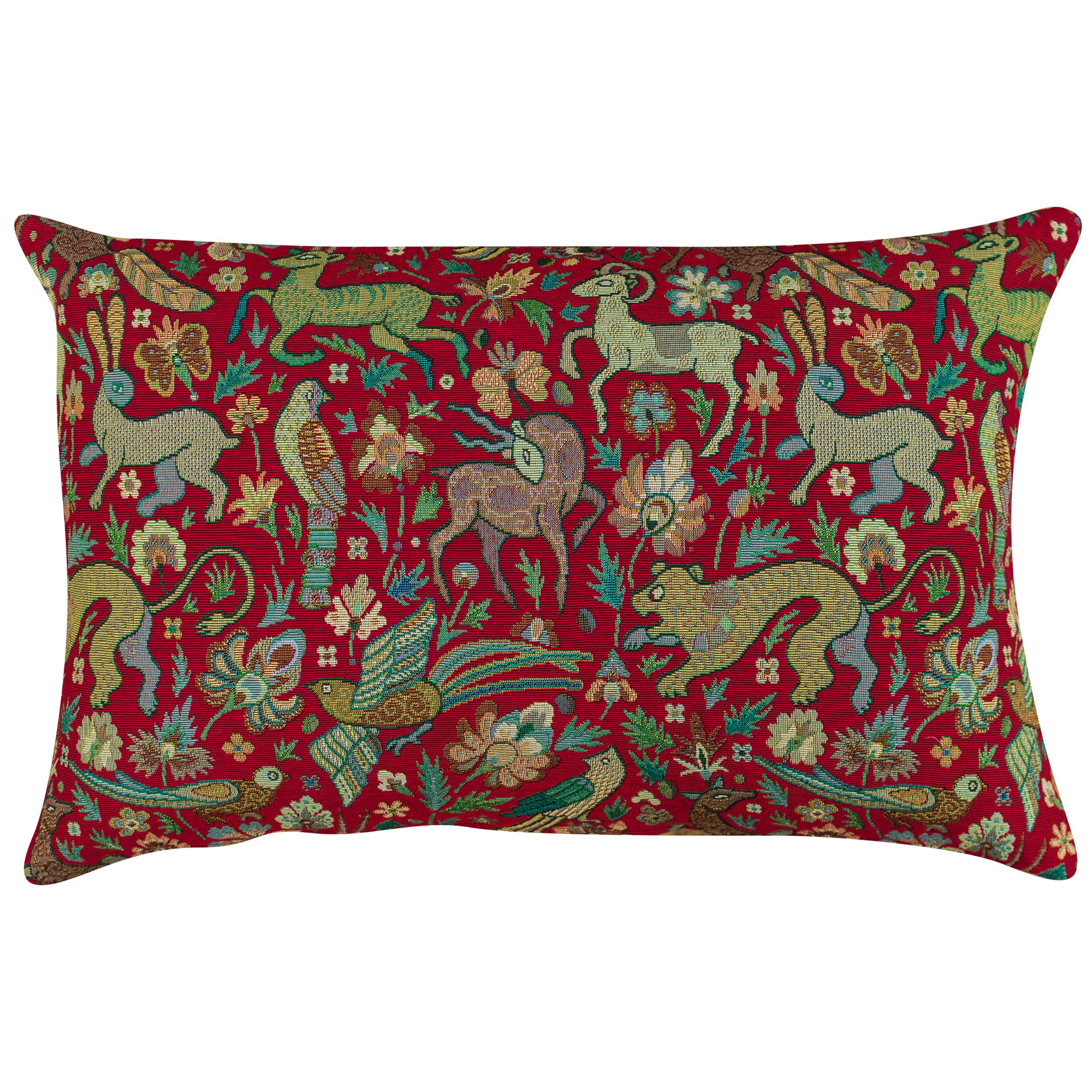 Linen Loft Mythical Animals Heavyweight Tapestry Double Sided XL Rectangular Cushion Cover. 23x15 Pillow Cover. Red background with multicoloured beasts. Morris style design.