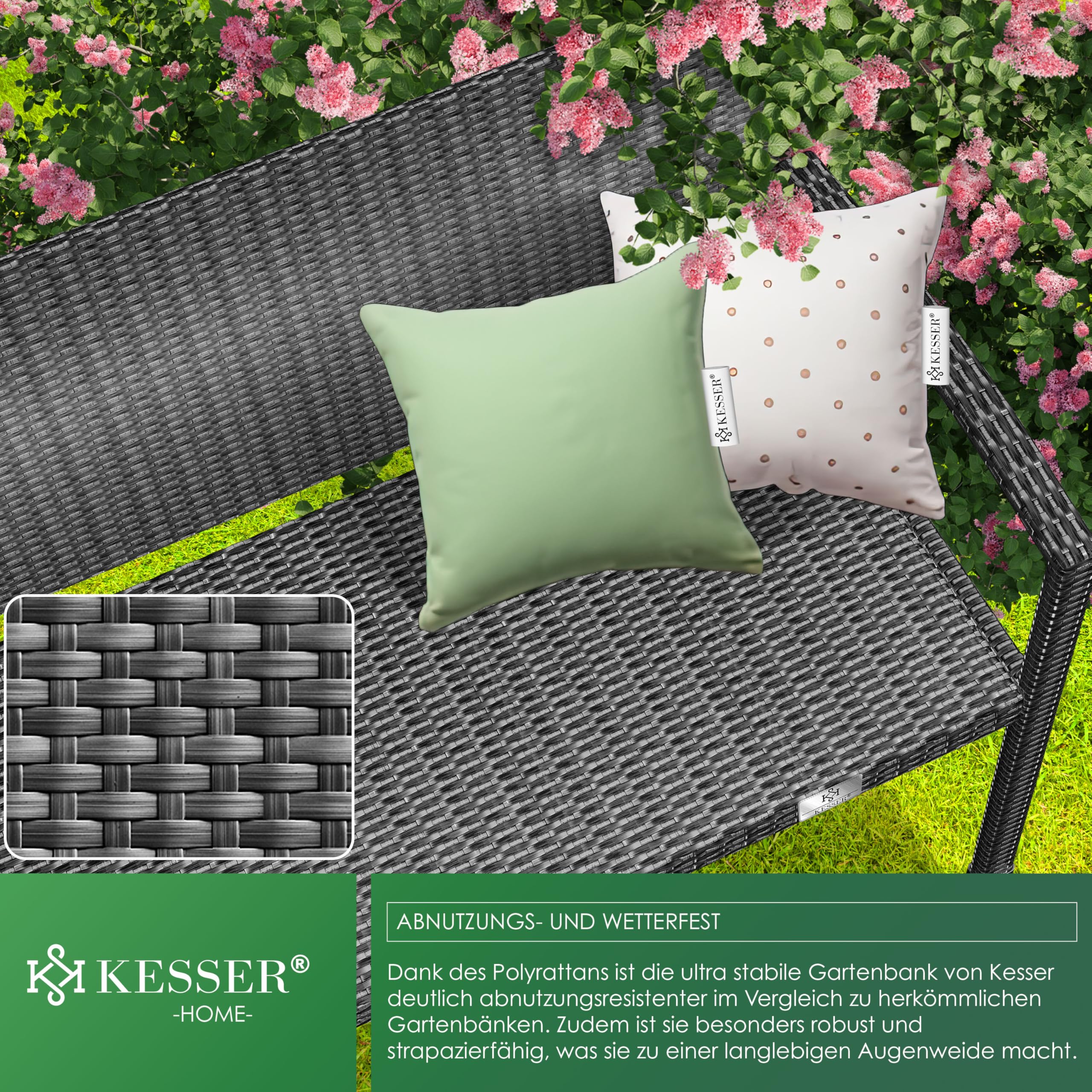 KESSER® Panca da giardino in polyrattan, resistente alle intemperie, resistente ai raggi UV e portata fino a 320 kg, 125 x 62 x 90 cm, mobili da giardino con braccioli ergonomici, per 2 persone,
