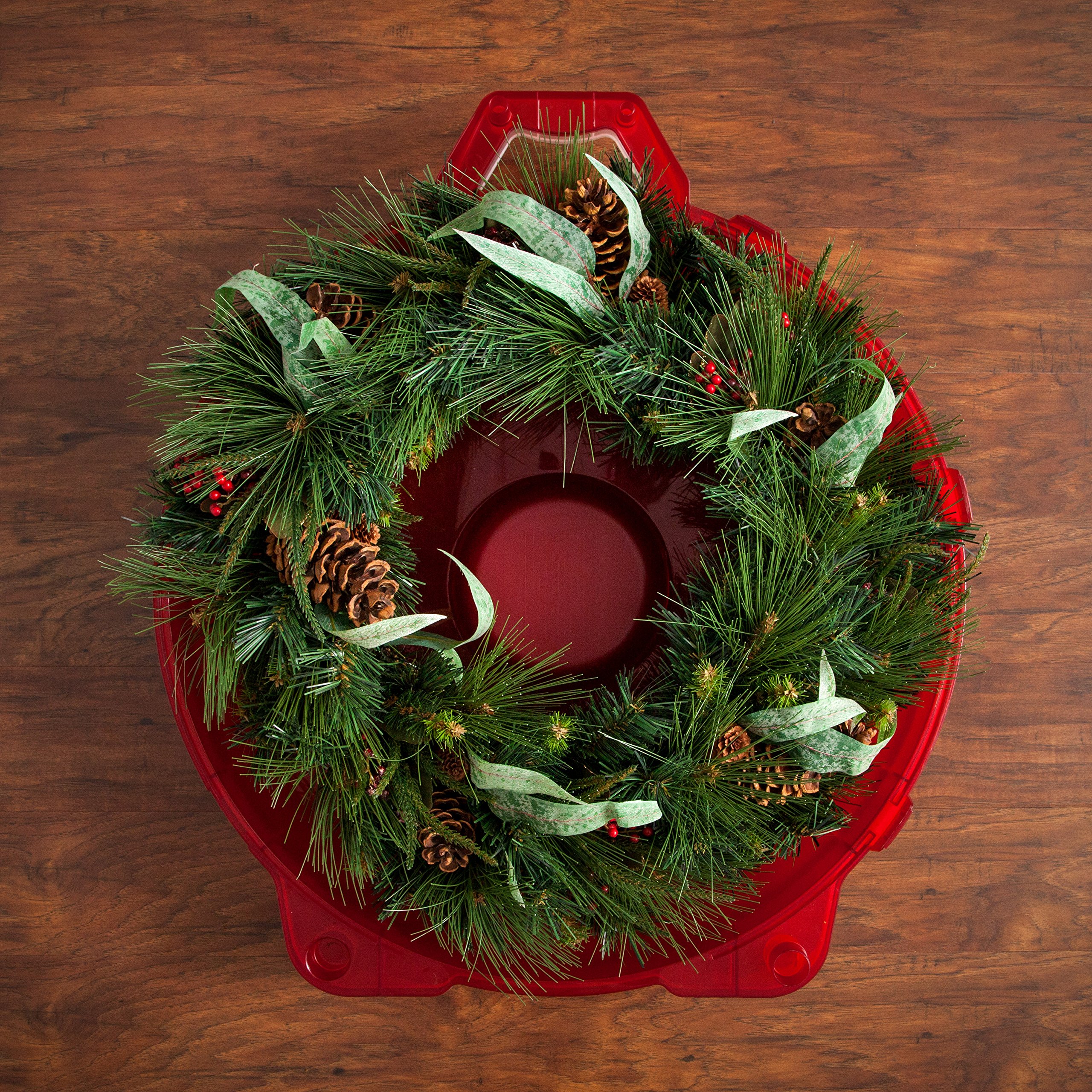 IRIS USA, Christmas Wreath Storage Container, Christmas Garland/Wreath (Fits up to 24” Wreaths/Box), CLEAR/RED, 2-Pack (588340)