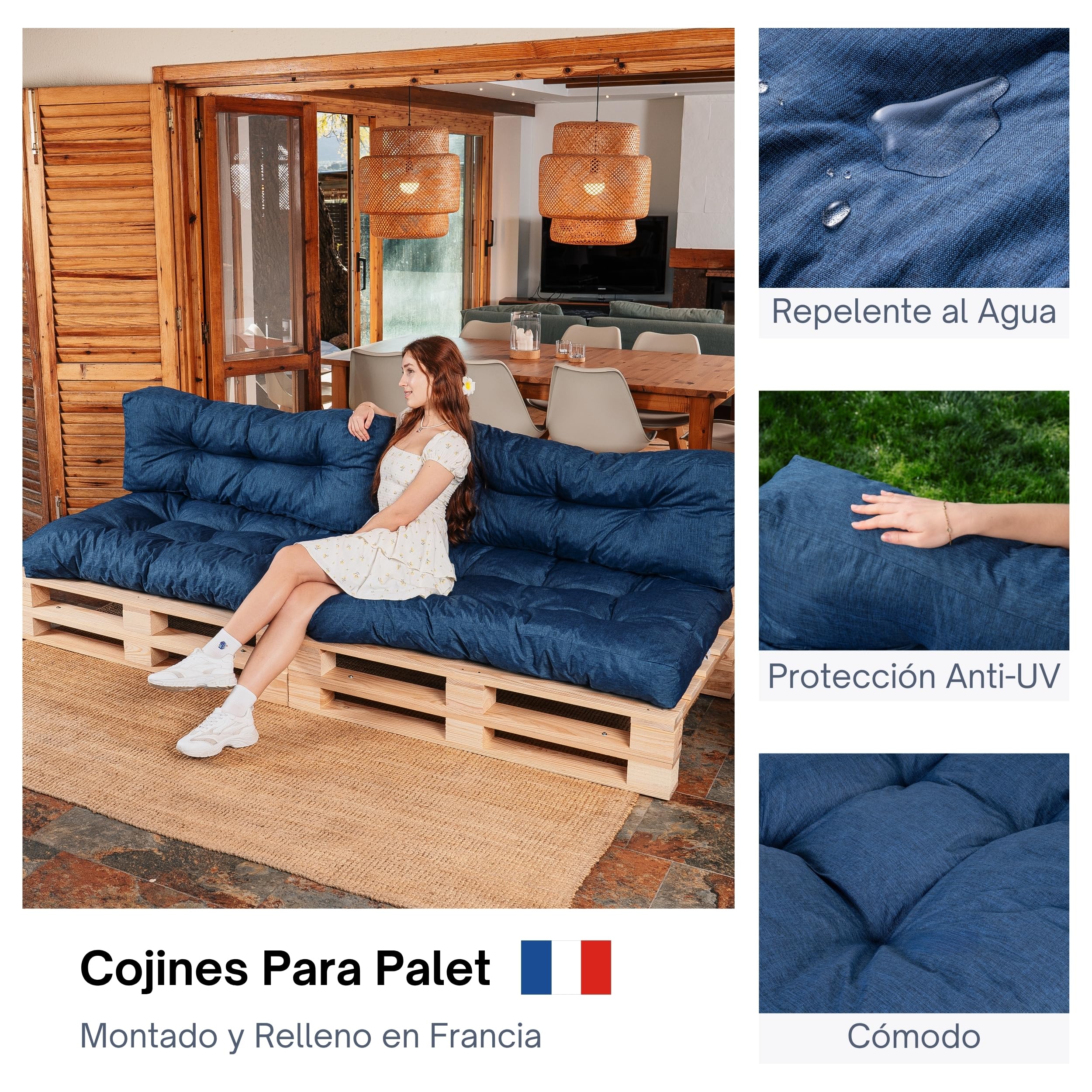 bananair - Cojines para Palets - Tela Resistente, Anti-UV y Repelente al Agua - Muy Cómodo, Relleno de Espuma - Cojines Exterior para Jardín y Terraza (2 Asientos 120x80 y 2 Respaldos 120x40, Azul)
