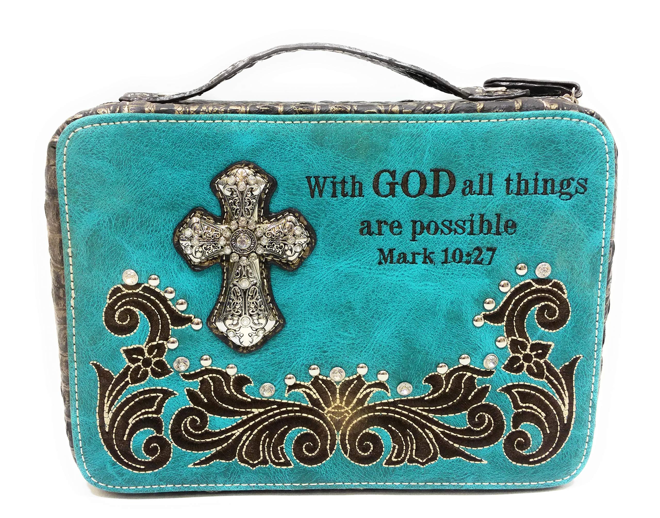 AH Rhinestone Cross Holy Bible Book Cover Case (with God Turquoise Blue)