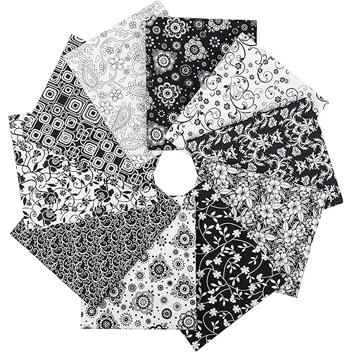 Craftido -25 Options- 100% Cotton Quilting Fabric Bundles 10pcs Fat Quarters 18”x21”-Medium Weight 5.2 oz- for Quilting, Sewing Project, Patchwork, DIY Crafts - Black & White Flower