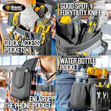 Bravex Tool Belt Ultra Wear-Resistant with Braces 10 Main Pockets and Smaller Pockets Sleeves Water Bottle Pocket