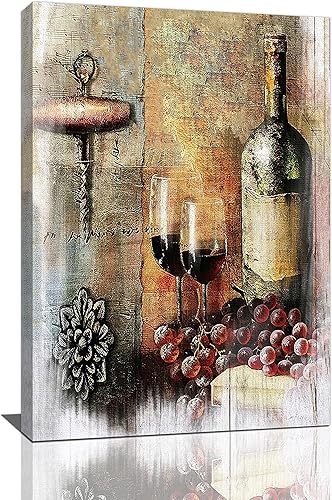 Arte de pared de vino tinto, cuadros de cocina para pared, copas de frutas, impresiones de pintura vintage con marco burdeos, decoración del hogar
