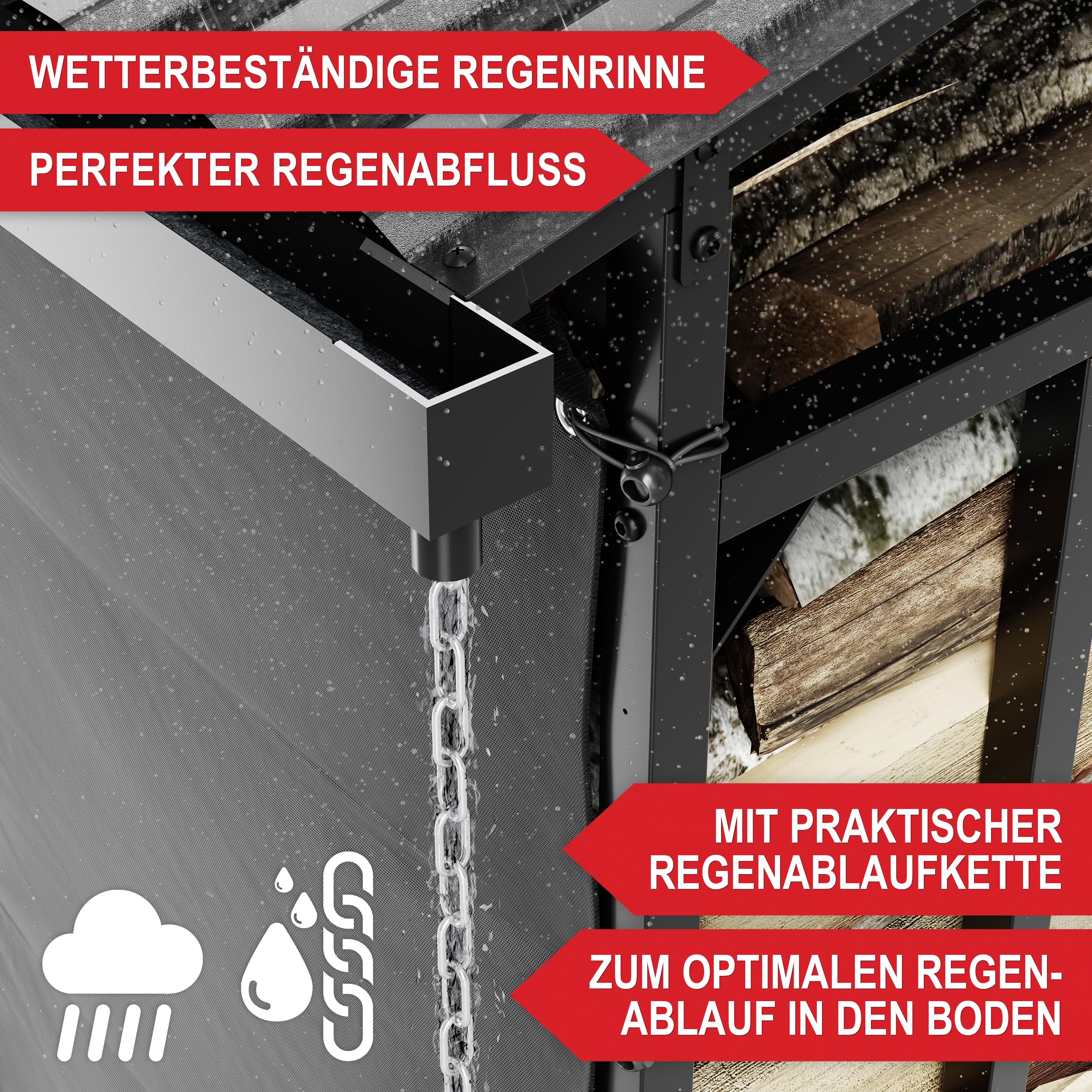 Onbest Brennholzregal mit Dach – Kaminholzregal 185x70x185 cm | Metall-Holzlager für außen mit Regenrinne, Regenkette, Wetterschutz und Stapelhilfe für Kaminholz