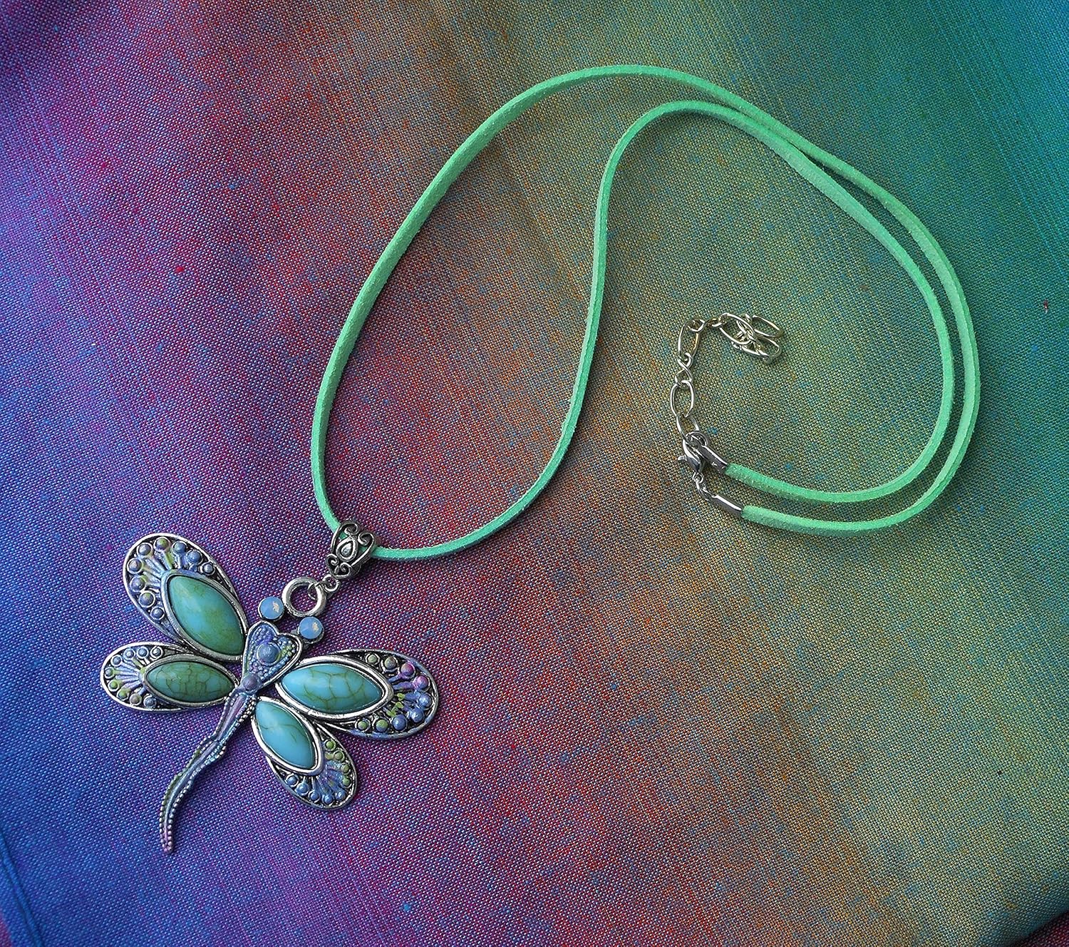 Large Silver Dragonfly Pendant Necklace with Painted Accents and Sparkling Opalescent Crystal Rhinestones Turquoise Boho Jewelry