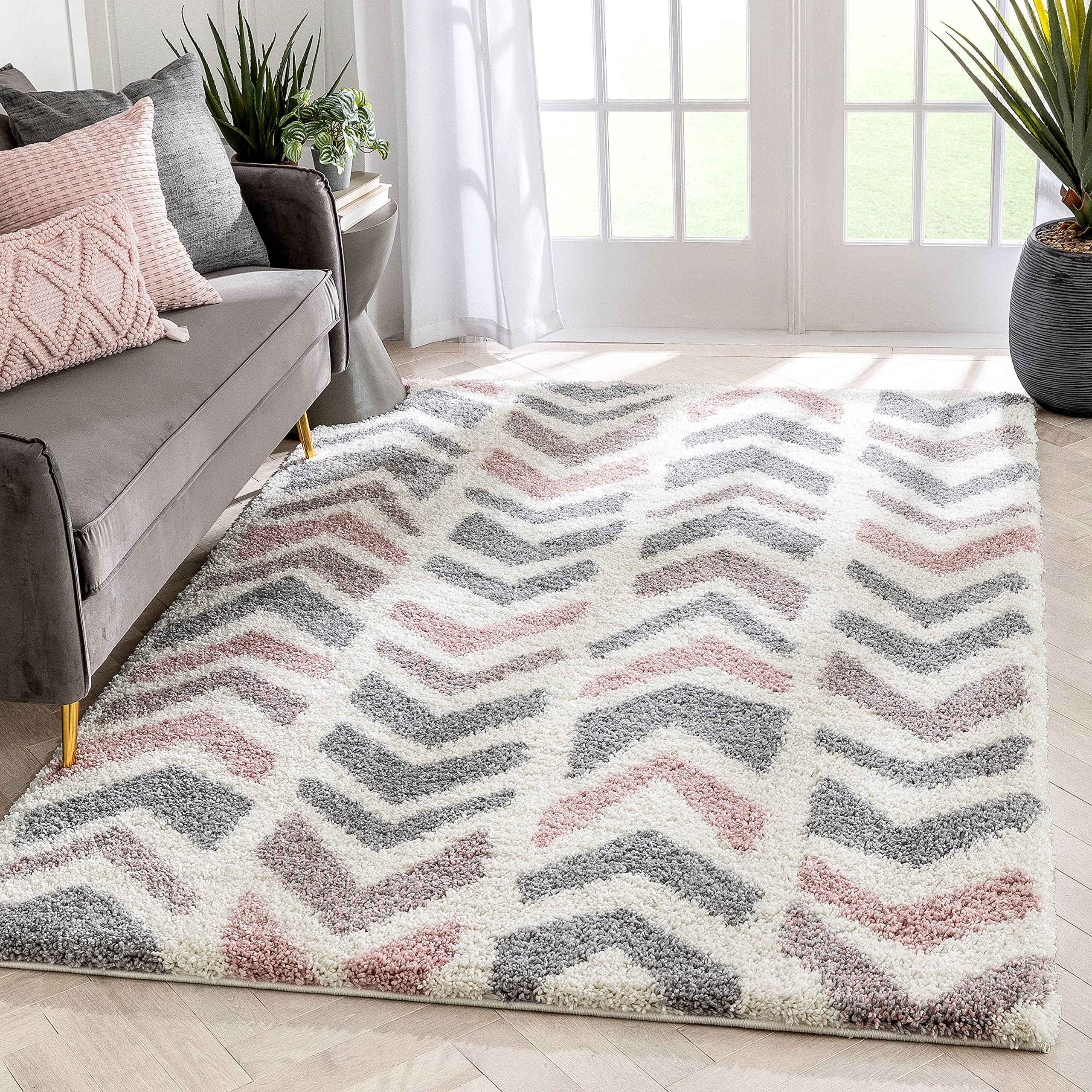 Well Woven Kylan Pink | Thick Nordic Shag | Chevron Geometric Pattern Area Rug 3x5 (3'11" x 5'3")