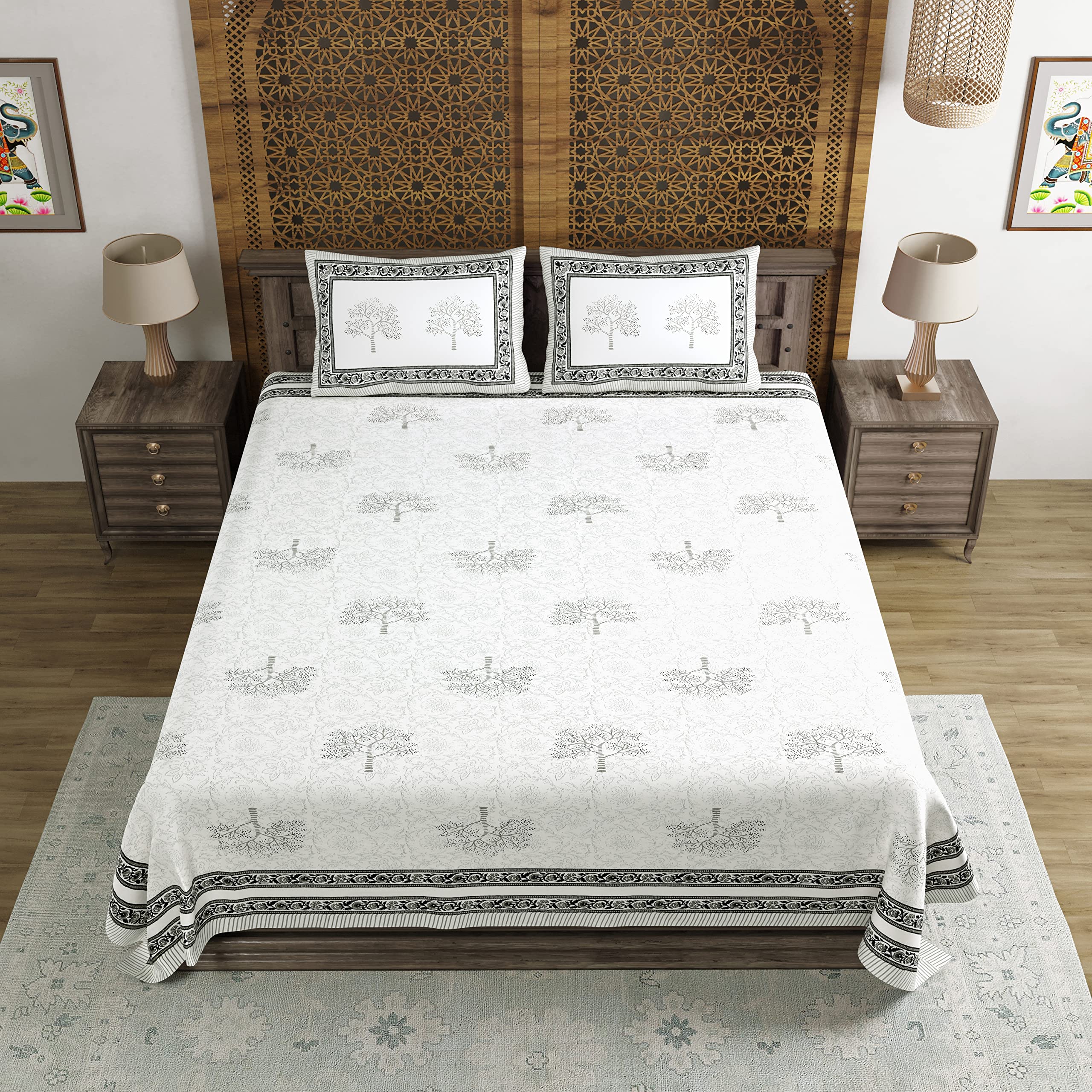 BLOCKS OF INDIA Hand Block Printed 200 TC Cotton King Size Bedsheet (Black) 1
