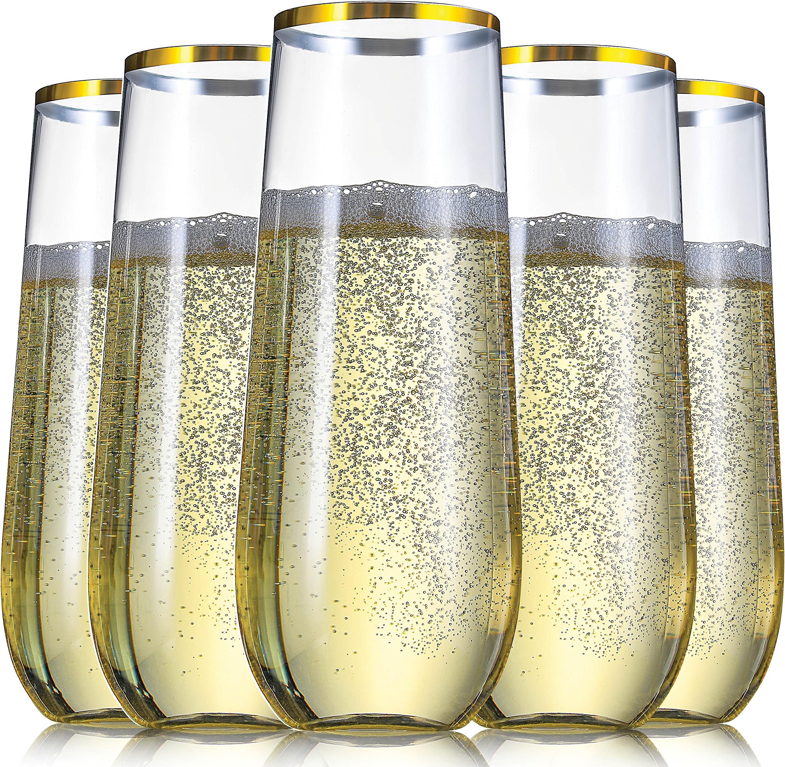 CHATEAU FINE TABLEWARE36 Pack Plastic Stemless Champagne Flutes, 9 oz Clear Drinking & Toasting Glass with Elegant Gold Rim, Disposable Drinkware for Wine, Cocktails, Sparkling Water, Mimosas