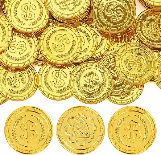 JOYIN 100 PCS Fake Gold Coins, Plastic Pirate Play Coins, Play Treasure Bulk for Treasure Hunt Game and Party Decorations Favors Supplies, Children Party Favors