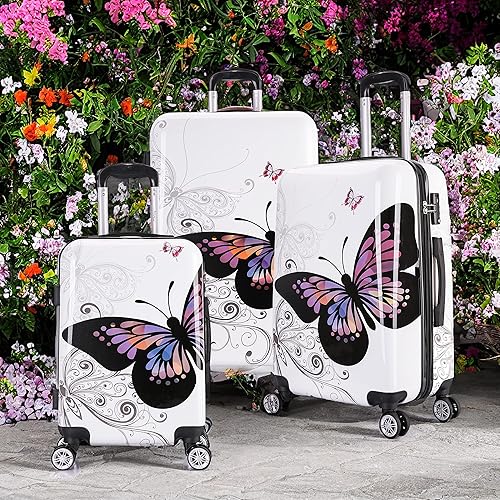 Miniatura 6 de InUSA Imprime equipaje giratorio rígido con asas ergonómicas, maleta de viaje con cuatro ruedas giratorias y tachuelas, Mariposa, Juego de equipaje