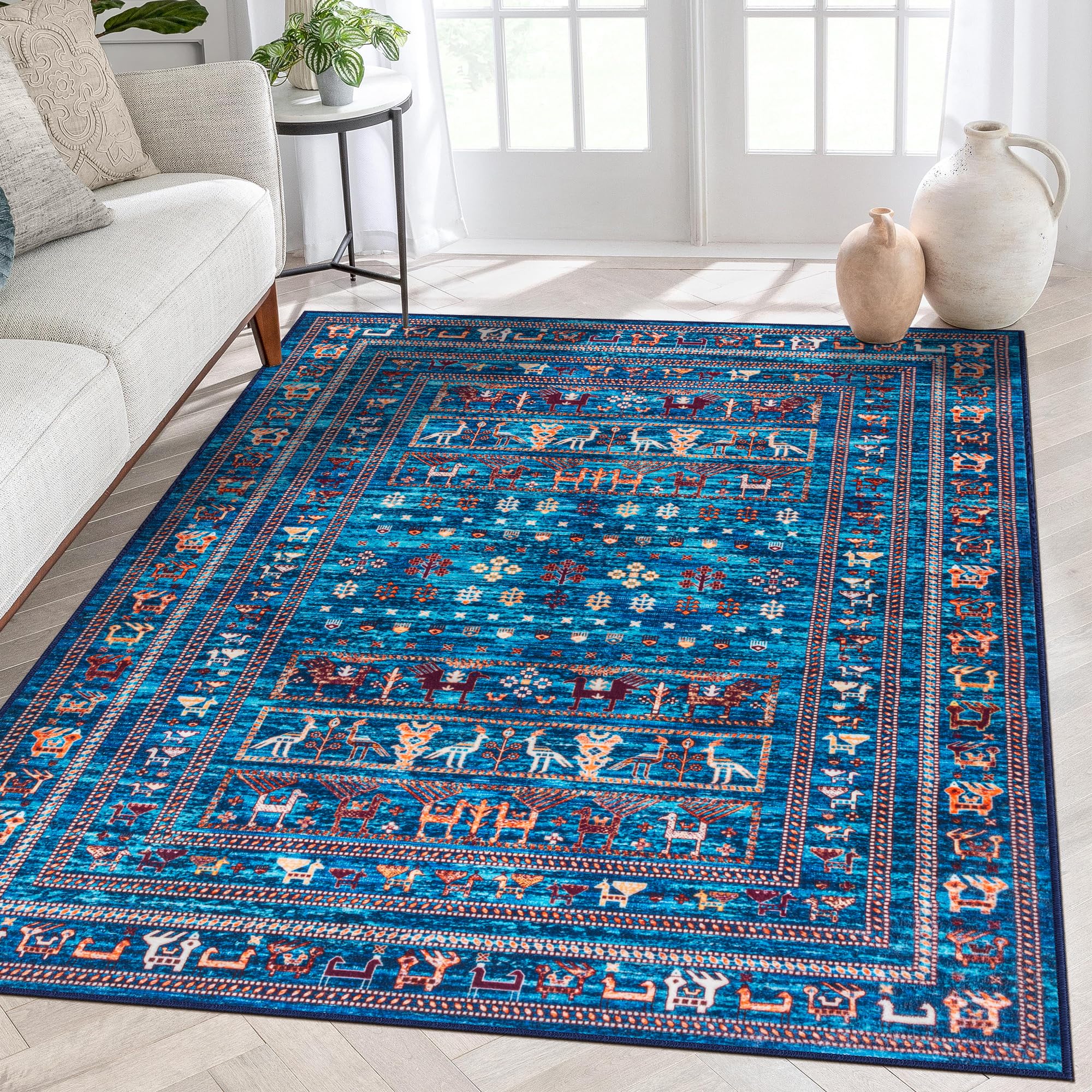 Washable Rug 5x7 Persian Kilim Blue Rug Soft Low Pile Non-Slip Stain Resistant Modern Contemporary Area Rugs for