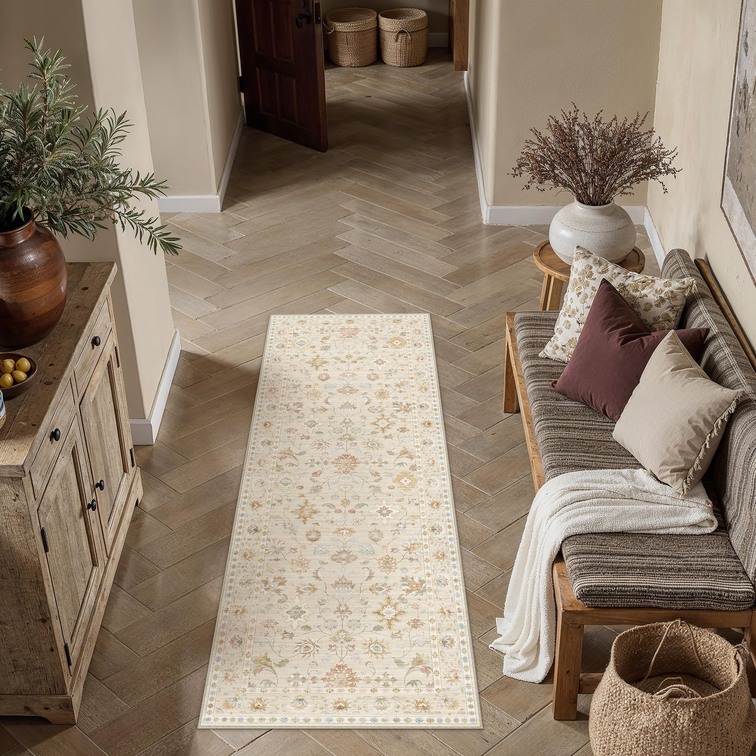 PureCozy Runner Hallway Vintage Rug 60 x 180 cm, Short Pile Washable Non-Slip Soft Floral Pattern Light Beige Rugs for Hallway Kitchen Bedside Rug Bedroom Carpet